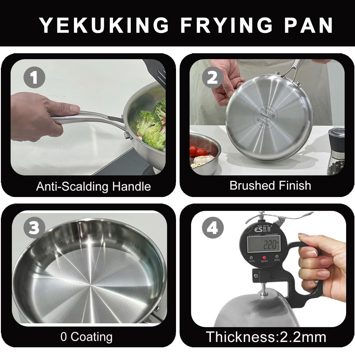 Tri-ply Stainless Steel Frying Pan Set 8″ 10″ 12″ Large Skillet for Chef’s Co…