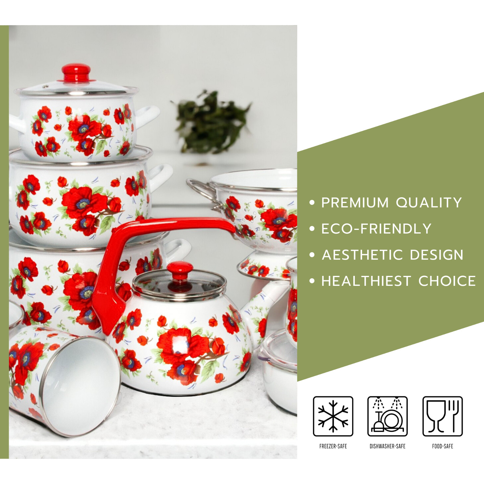 3 pc POPPY Enamel Stockpot Set Cooking Pot Set Enamel Casserole 2-qt 4-qt 6.5-qt