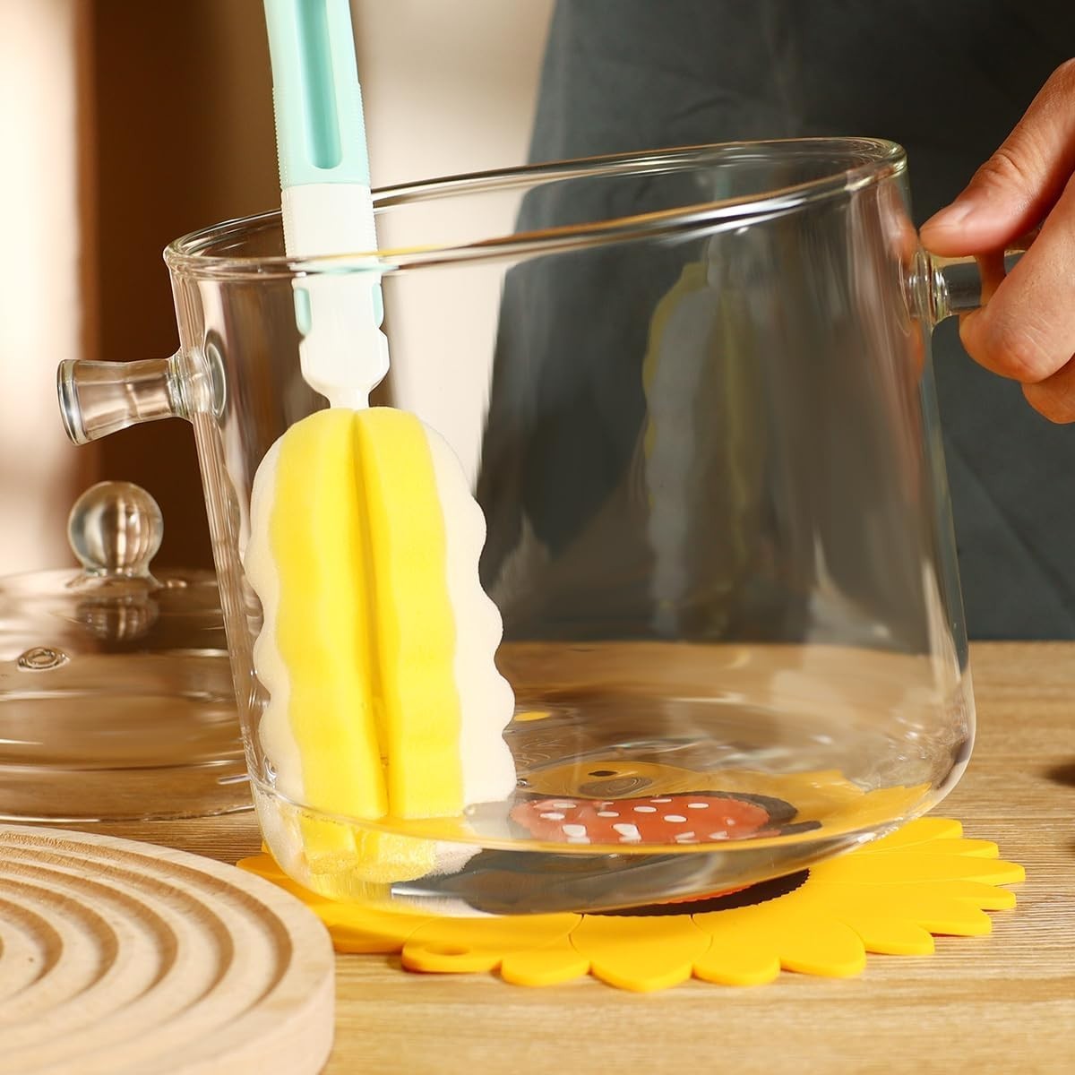 Glass Cooking Pot with Lid Brush and Hot Pads 3L Borosilicate Stovetop Pan