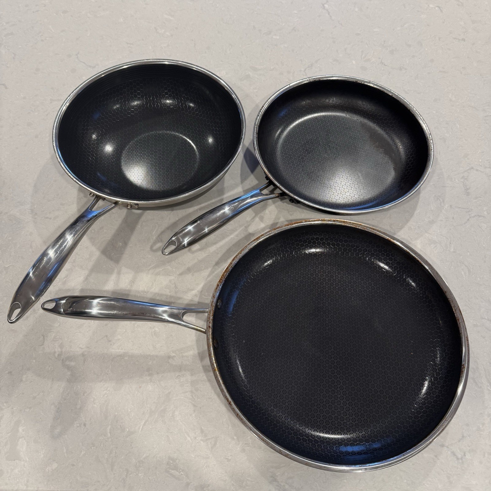 Hexclad 10” Frying Pan, Wok, & 12” Frying Pan No Lids Hybrid Nonstick Gordon