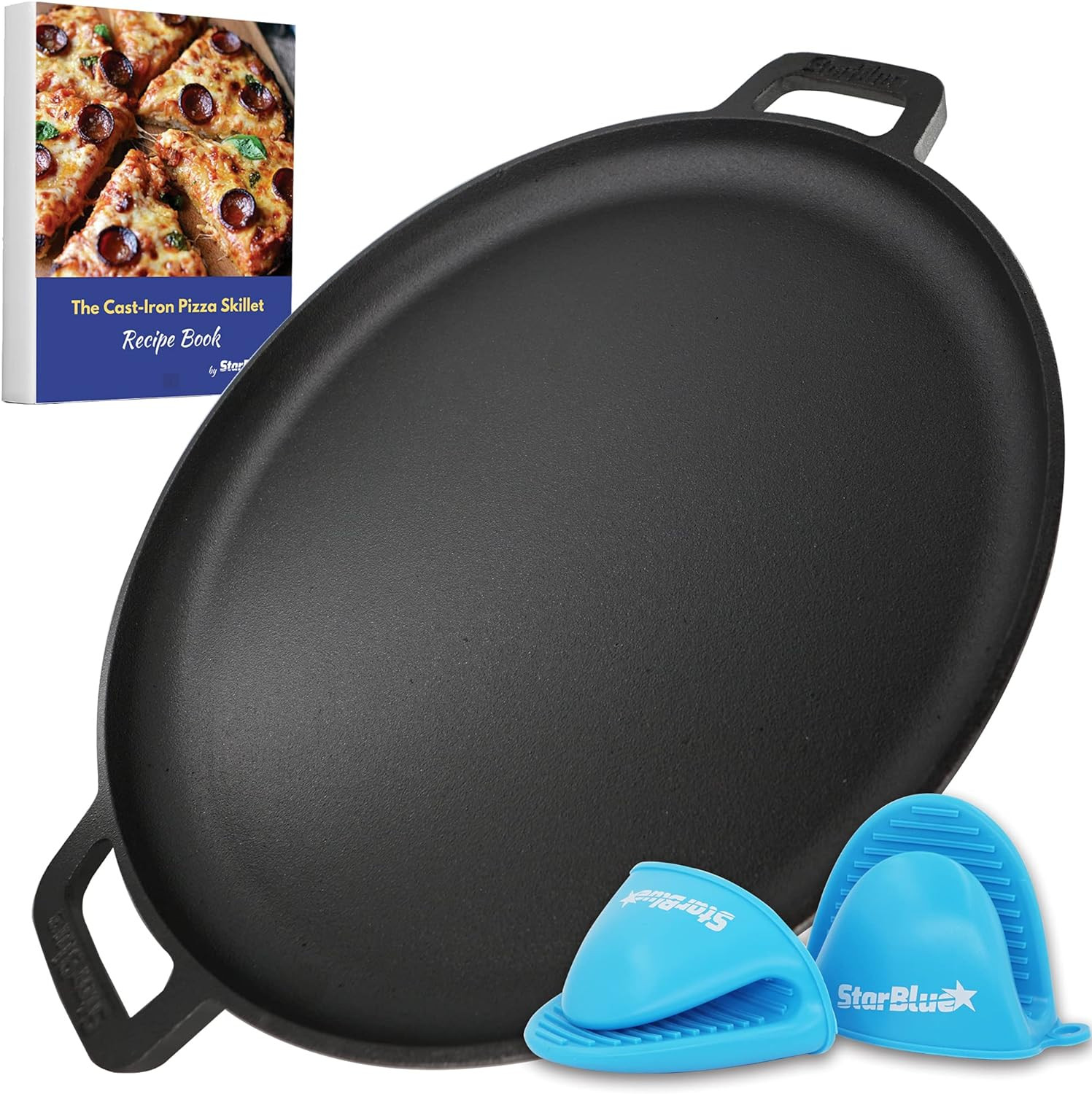 16 Inch Cast Iron Pizza Pan round Griddle by with FREE Silicone Handles and 30