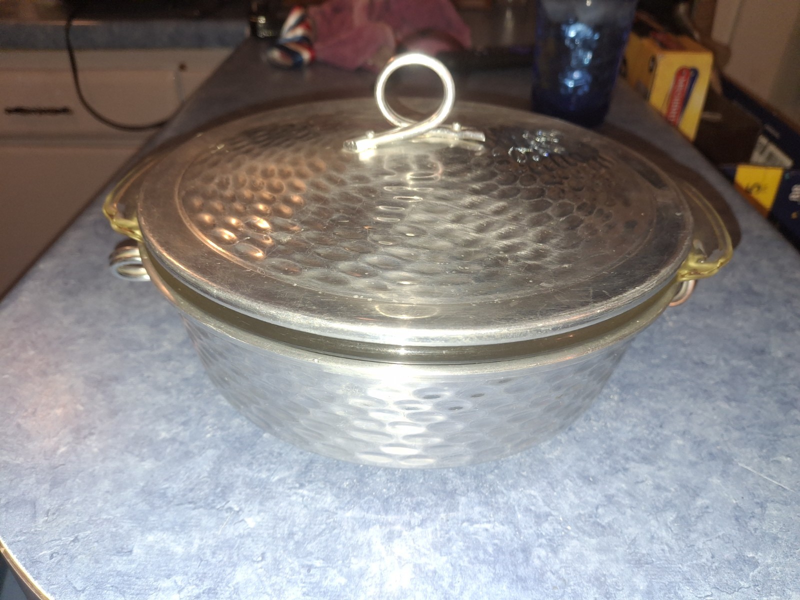 Vintage Fire King Glass Dish Hammered Aluminum Container With Lid 1.5 Quart