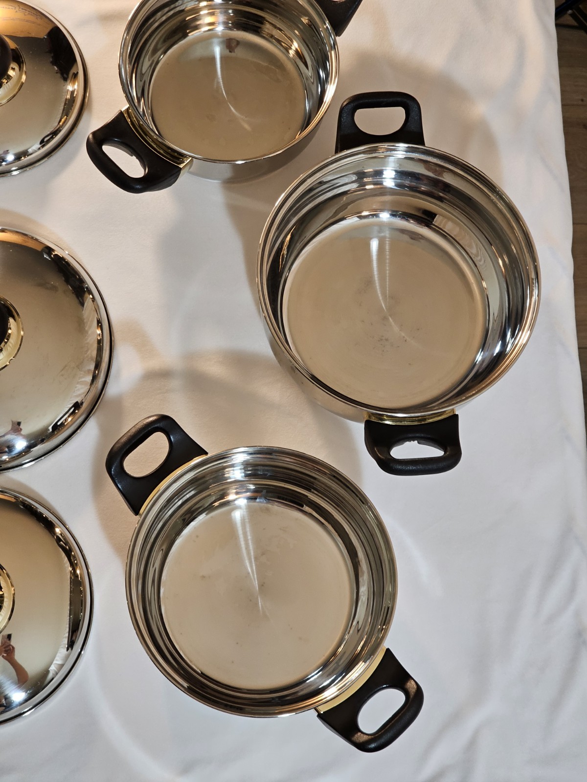 Vtg Cook Well High-quality Stainless Steel Pots & Pans W/Gold Plating -Set Of 11