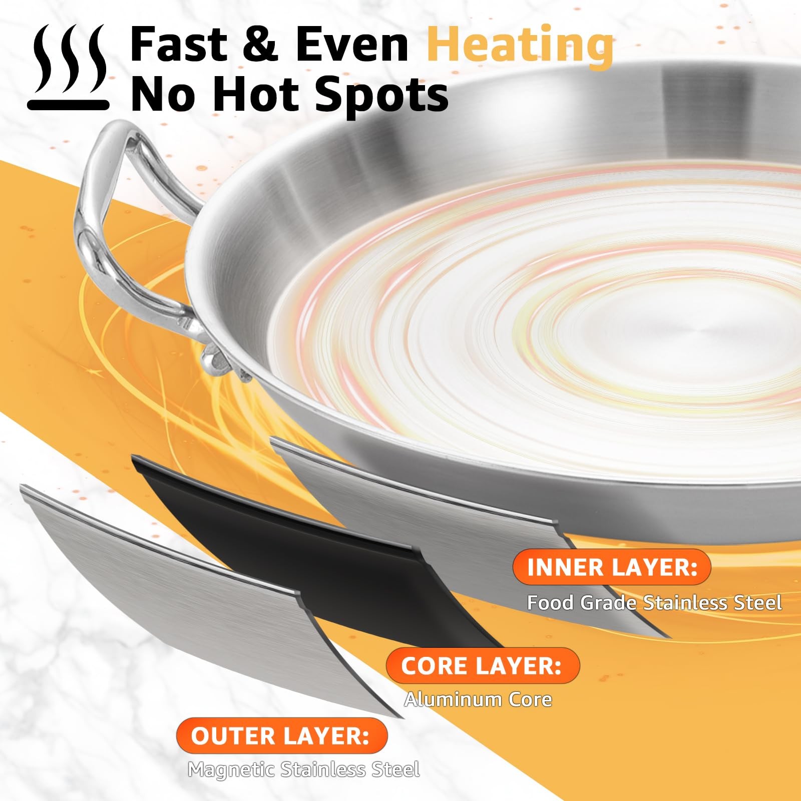 14 Inch Tri-ply Stainless Steel Paella Pan with Lid, Detachable Handle Skille…