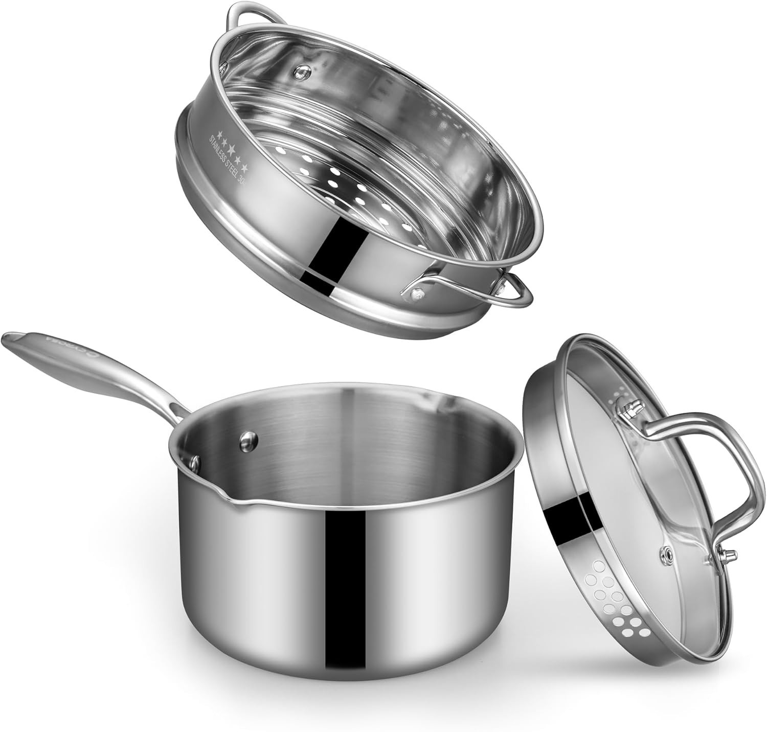 Tri-Ply Stainless Steel Sauce Pan with Steamer Basket & Straining Glass Lid— 2-i