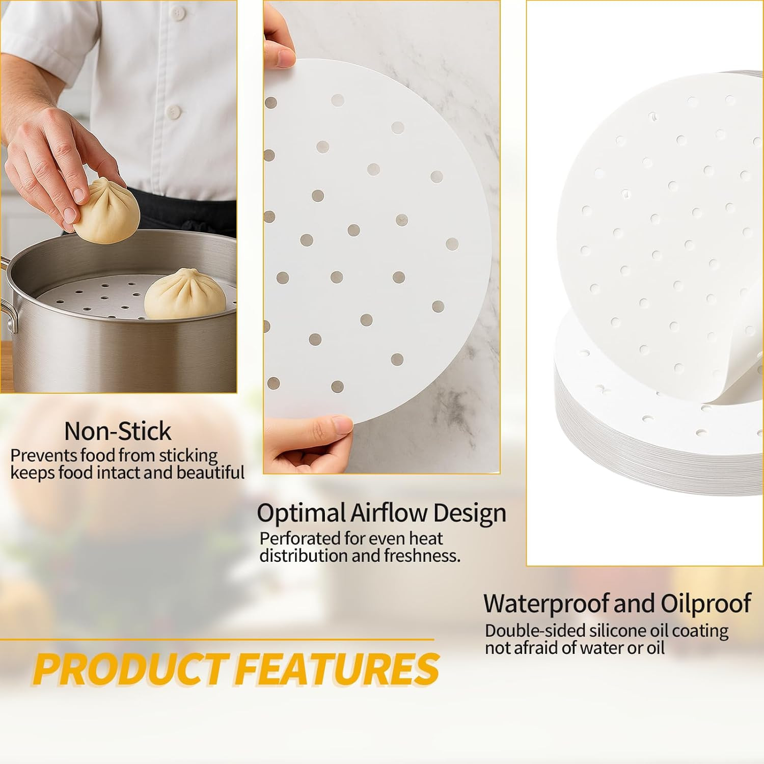 200 PCS Non-Stick Bamboo Steamer Paper, 10″ round Liners with Holes for Steamer