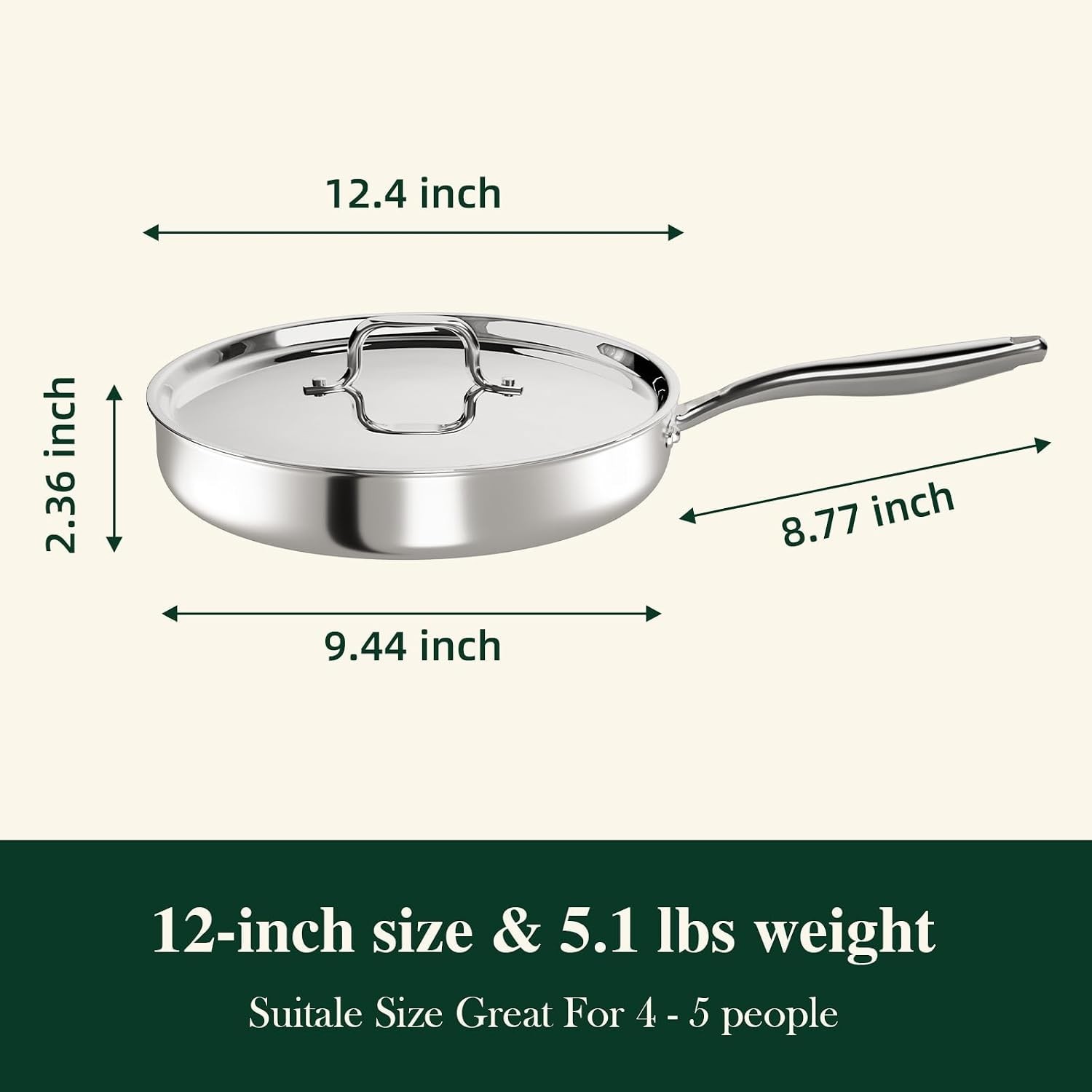 12 Inch Tri-Ply Stainless Steel Frying Pan, Frying Pan with Lid, PFOA/PTFE Fr…