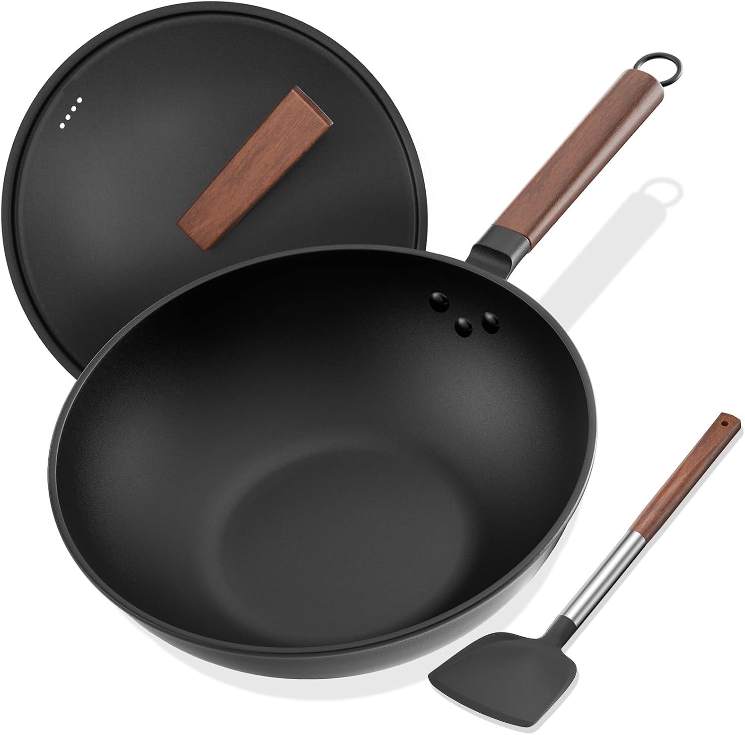Carbon Steel Wok, 13-Inch, Pre-Seasoned, Non-Stick, with Lid and Spatula, Fla…