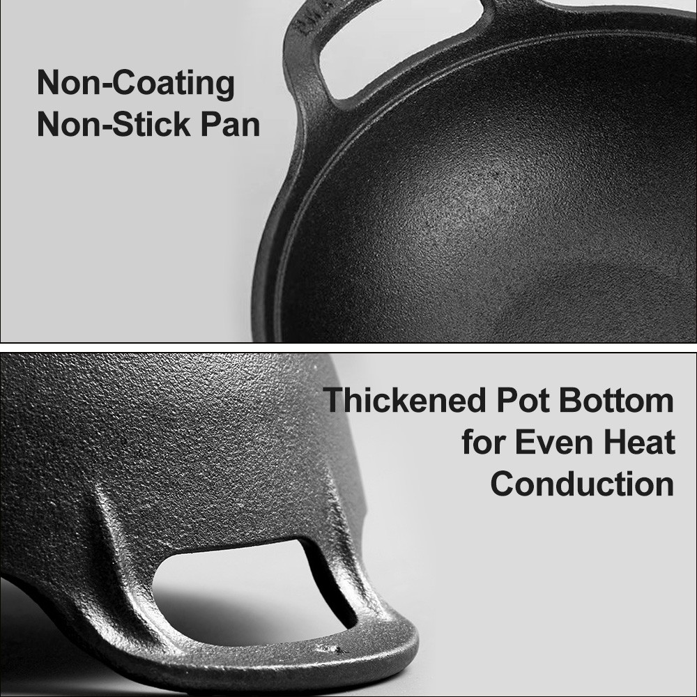 Cast Iron Wok with Handles Grilling Pan 20cm Non-stick Cooking Pot for Camping