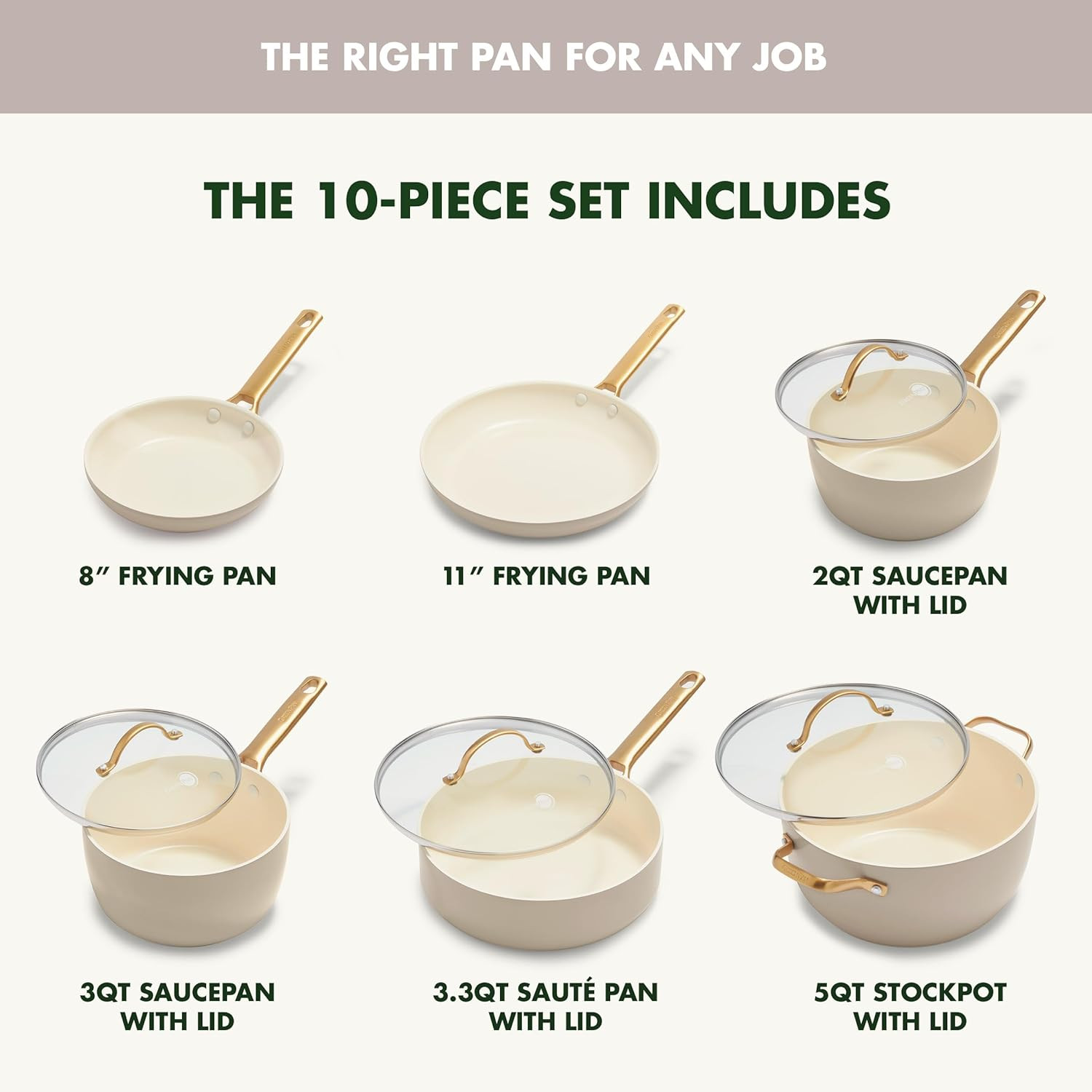 10-Piece Non-Toxic Cookware Set with Gold Handles & Glass Lids – Taupe Brown