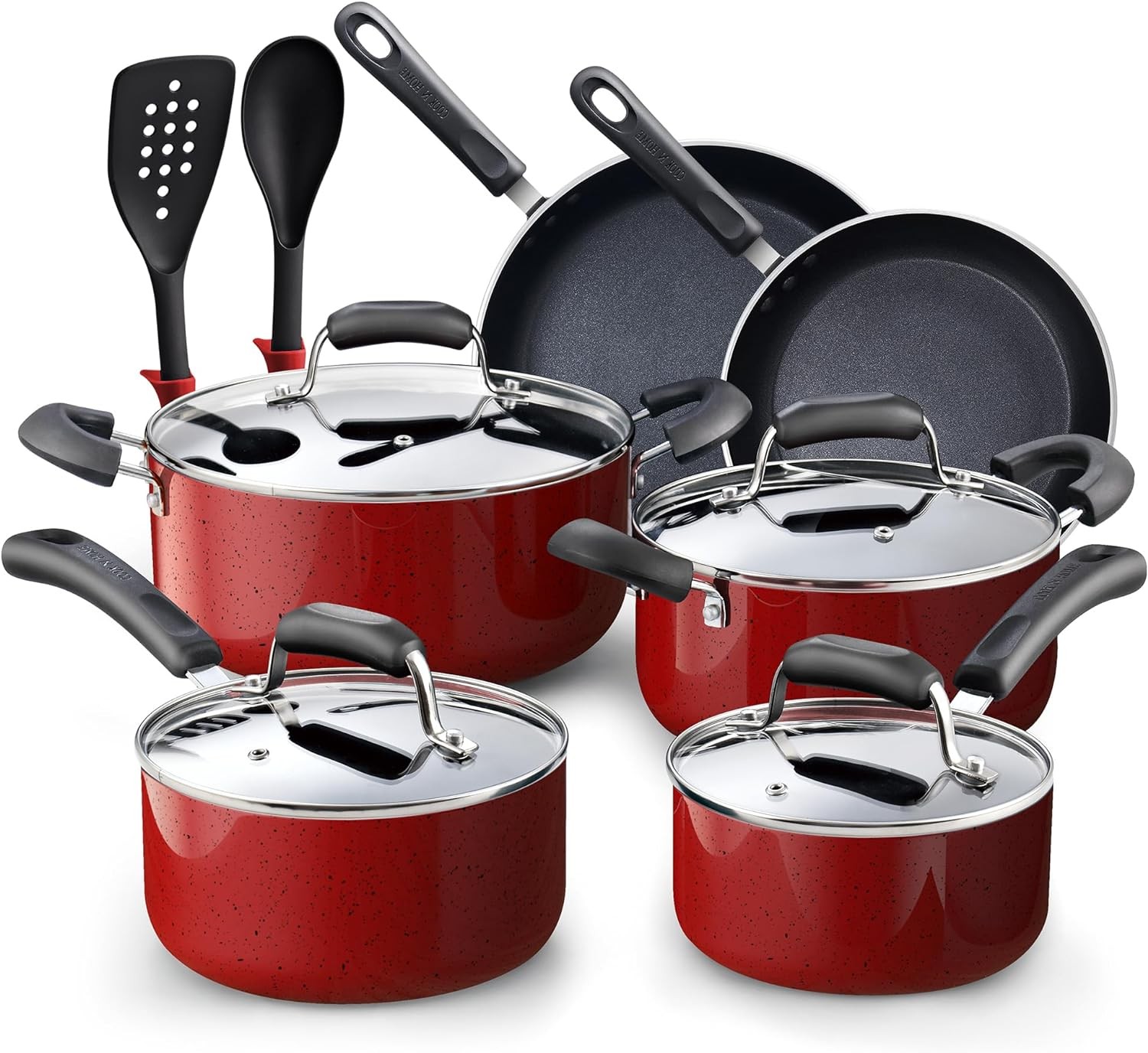 Cook N Home Nonstick Cookware Set 12pc Marble Red