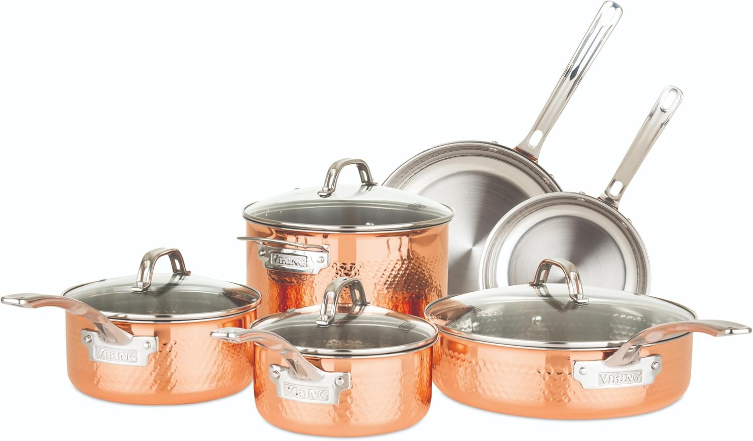3-Ply Pots and Pans Set, 10 Piece Copper Kitchen Cookware with Glass Lids, Hamme