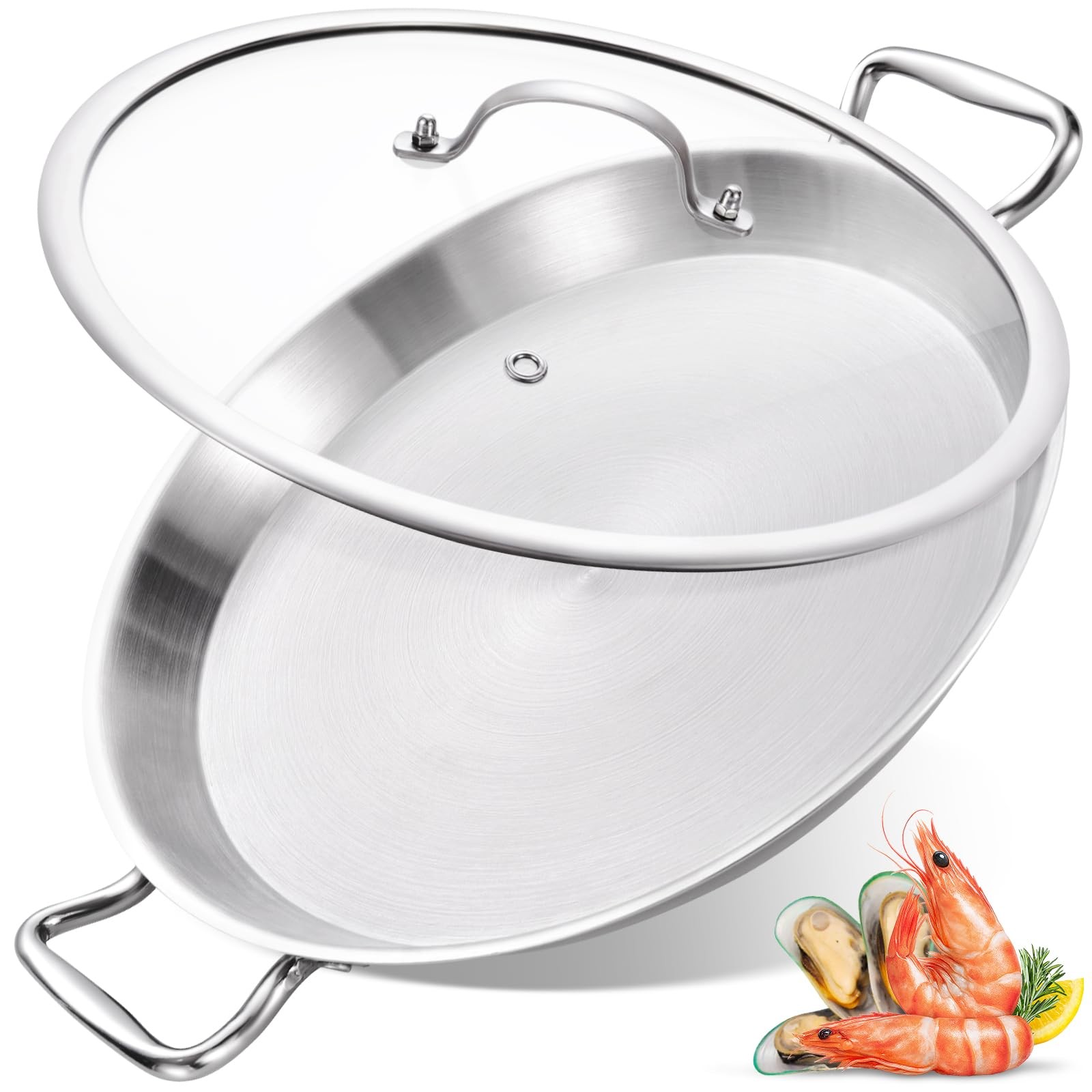 14 Inch Tri-ply Stainless Steel Paella Pan with Lid, Detachable Handle Skille…