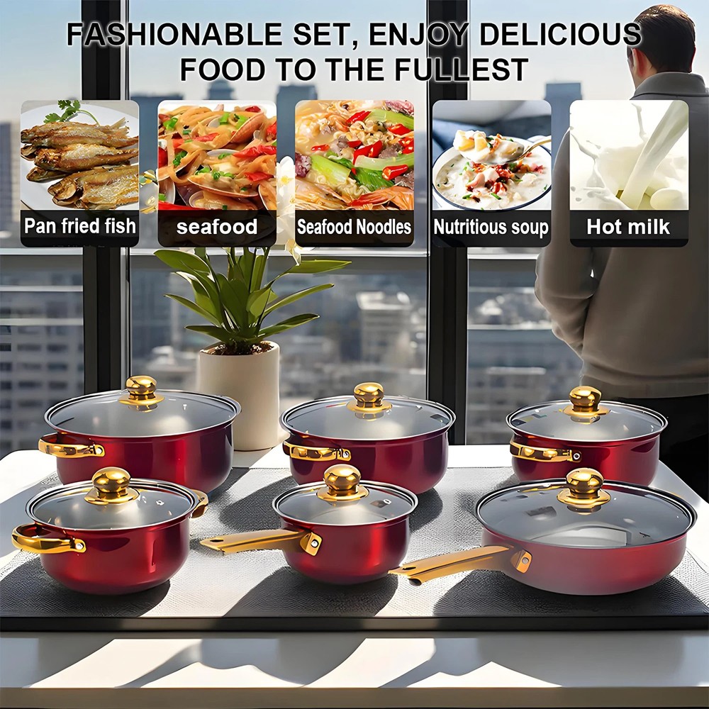 12 Piece Cookware Set Nonstick Pots and Pans Home Kitchen Cooking Non Stick, Red