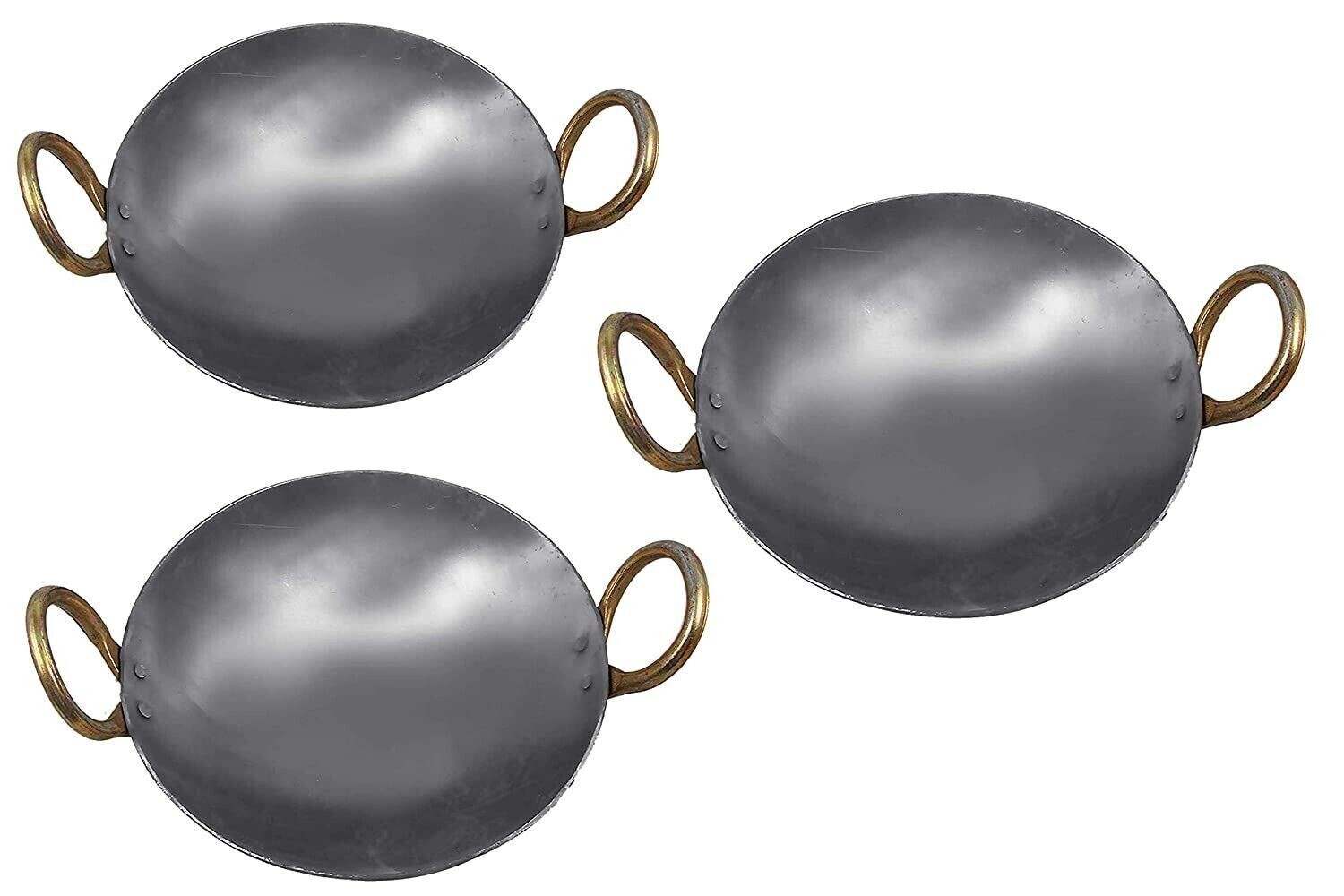 Heavy Base Traditional Iron Kadhai Wok Handmade Deep Frying Pan Set Of 3 Pcs