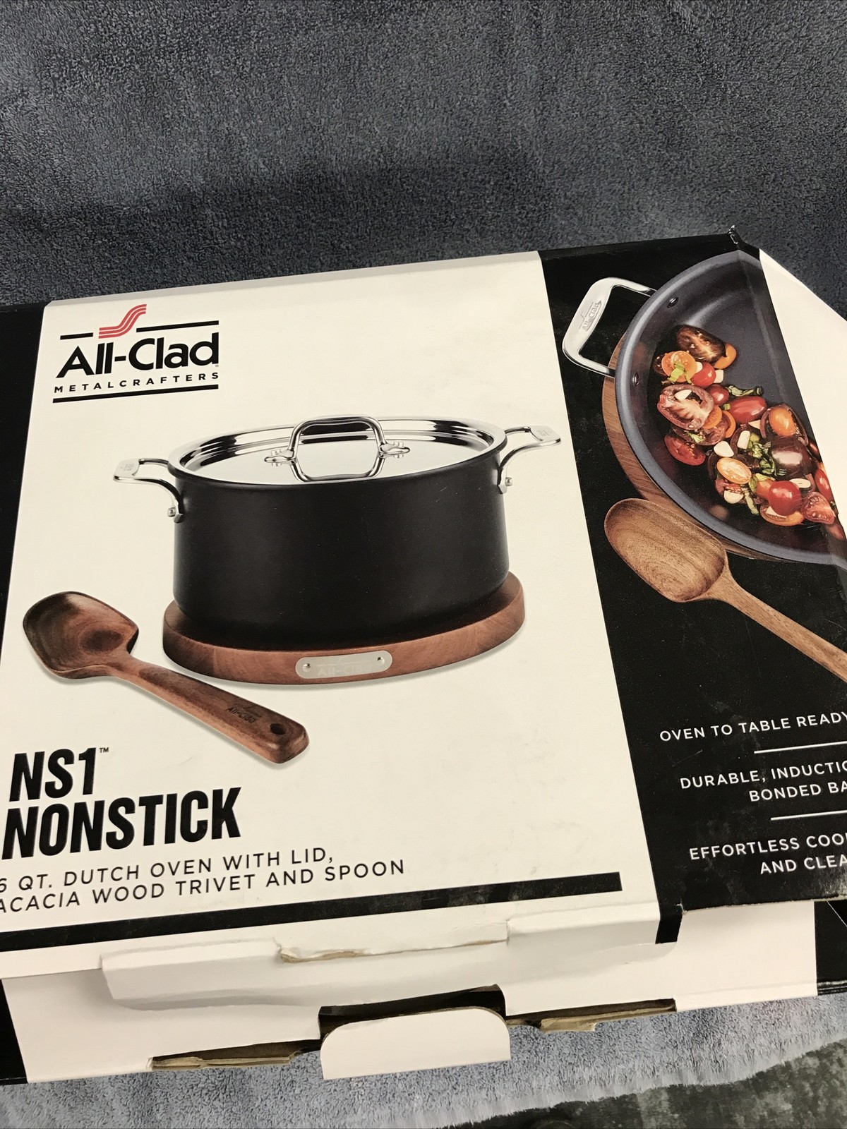 6 Qt All-Clad Cast Iron Enameled Dutch Oven with Acacia Wood Trivet