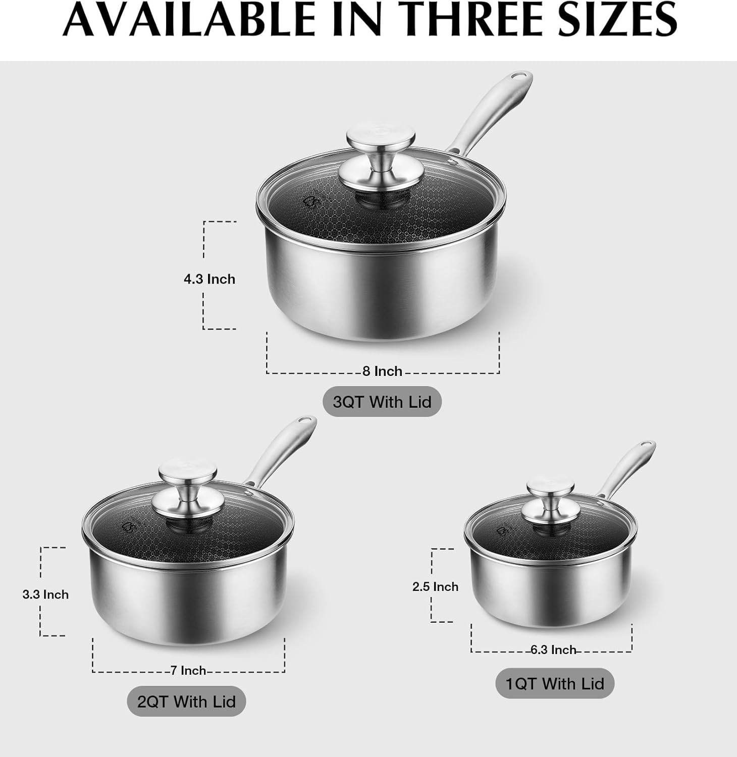 Hybrid Nonstick Stainless Steel Saucepan Set, 6-Piece Triply Stainless Steel Sau
