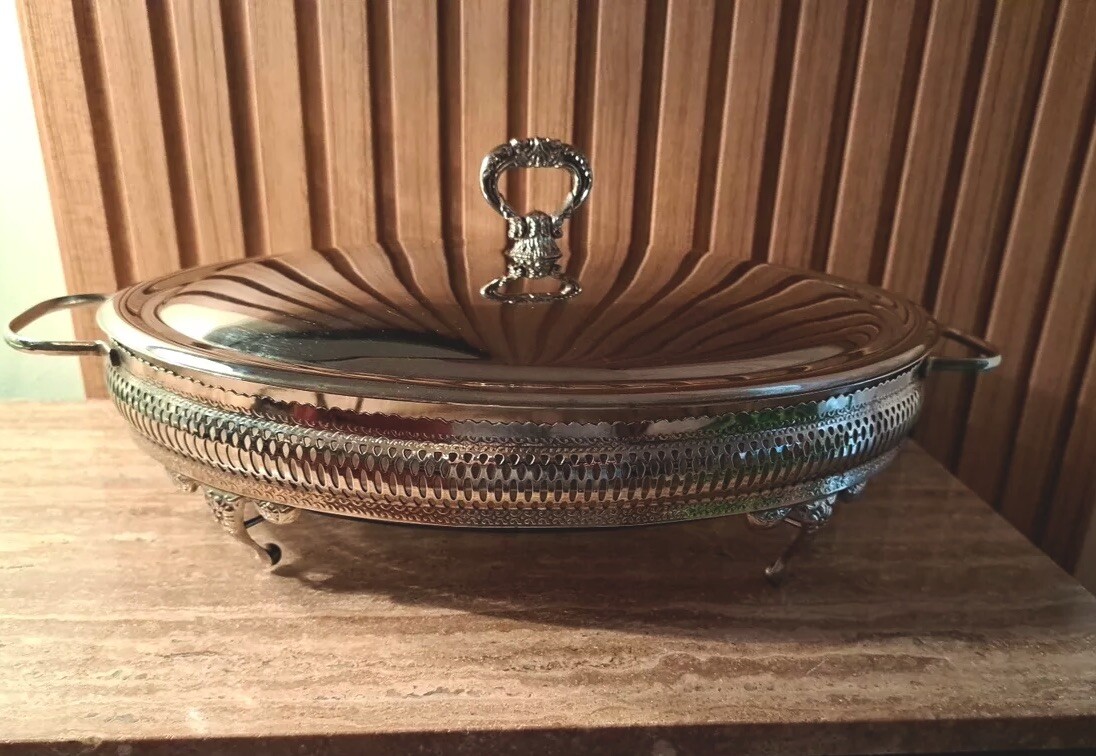 Marinex Casserole Serving Dish Oval 13.5 Inches Glass Silver Plate Vintage