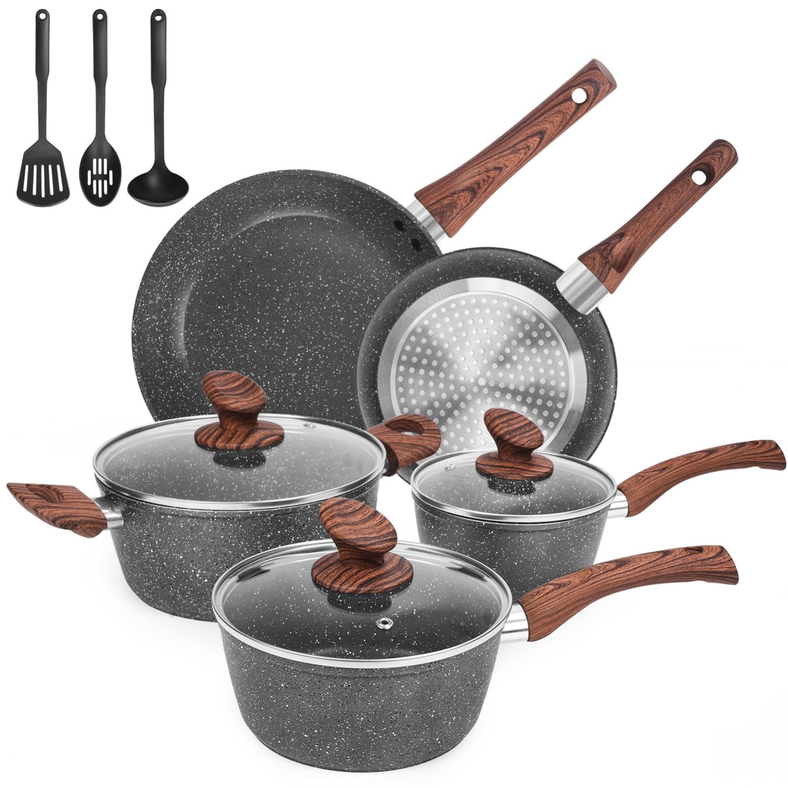 11-Piece Non-Stick Granite Cookware Set, Die-Cast Induction Pots & Pans, PFOA Fr