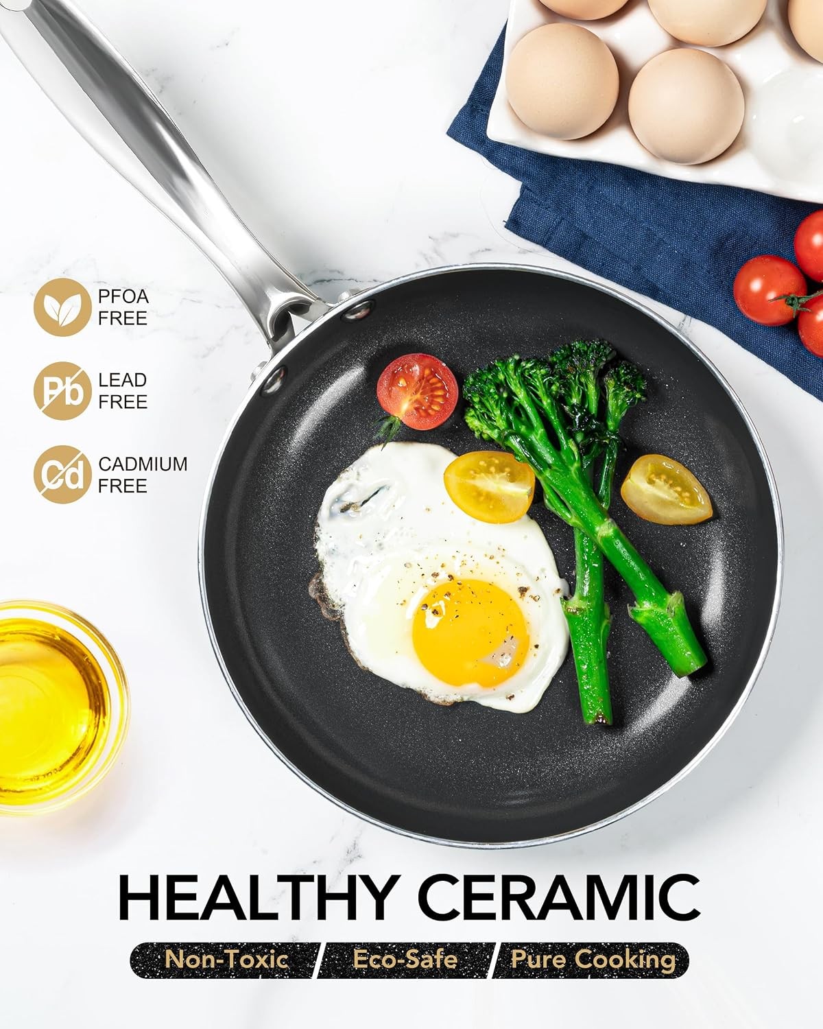 Ceramic Frying Pan – 10 Inch Frying Pan Nonstick with Lid, Non-Toxic Skillet