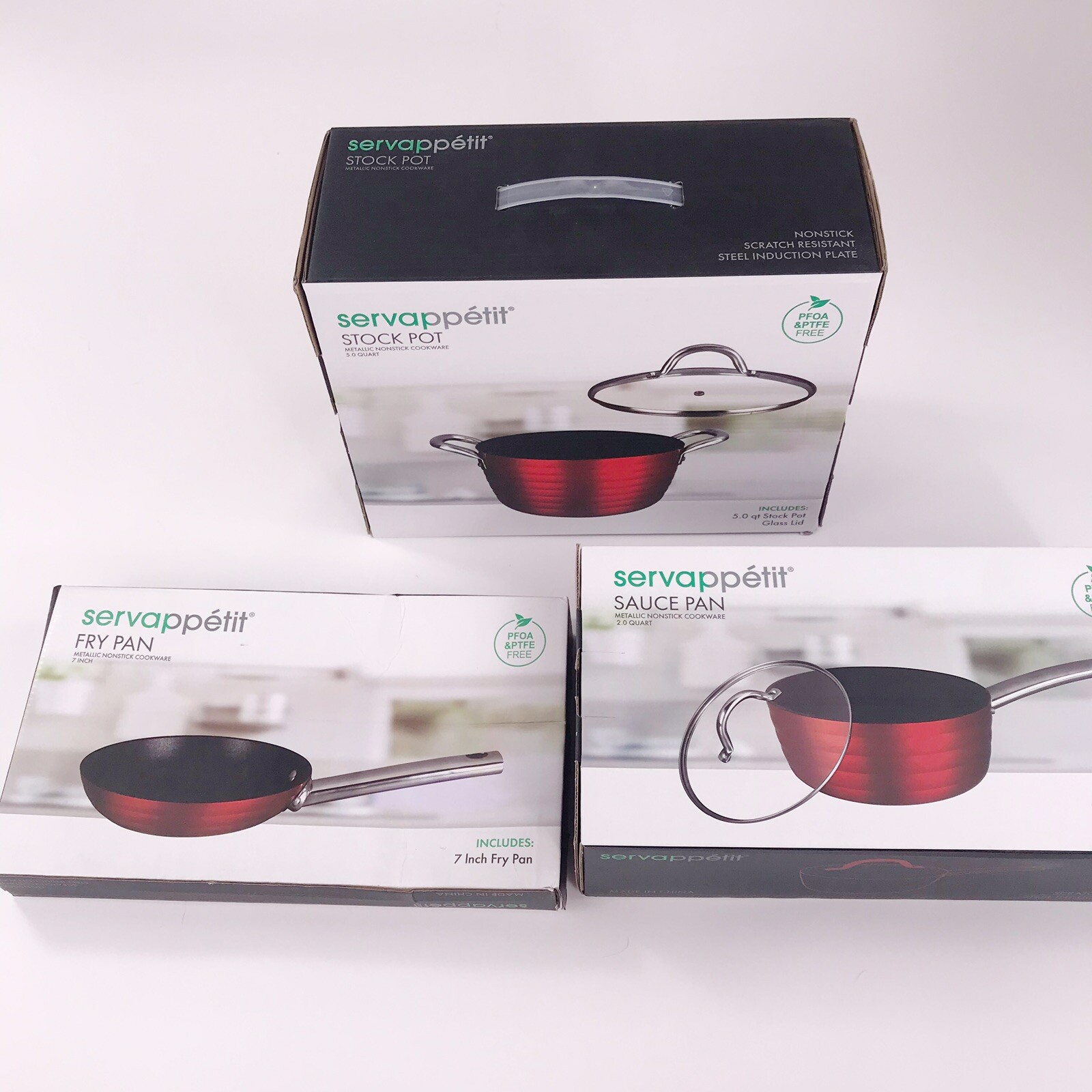 Servappetit Red Metallic 5 Qt. Stock Pot, 2 Qt Sauce Pan Glass Lids, 7in Fry Pan
