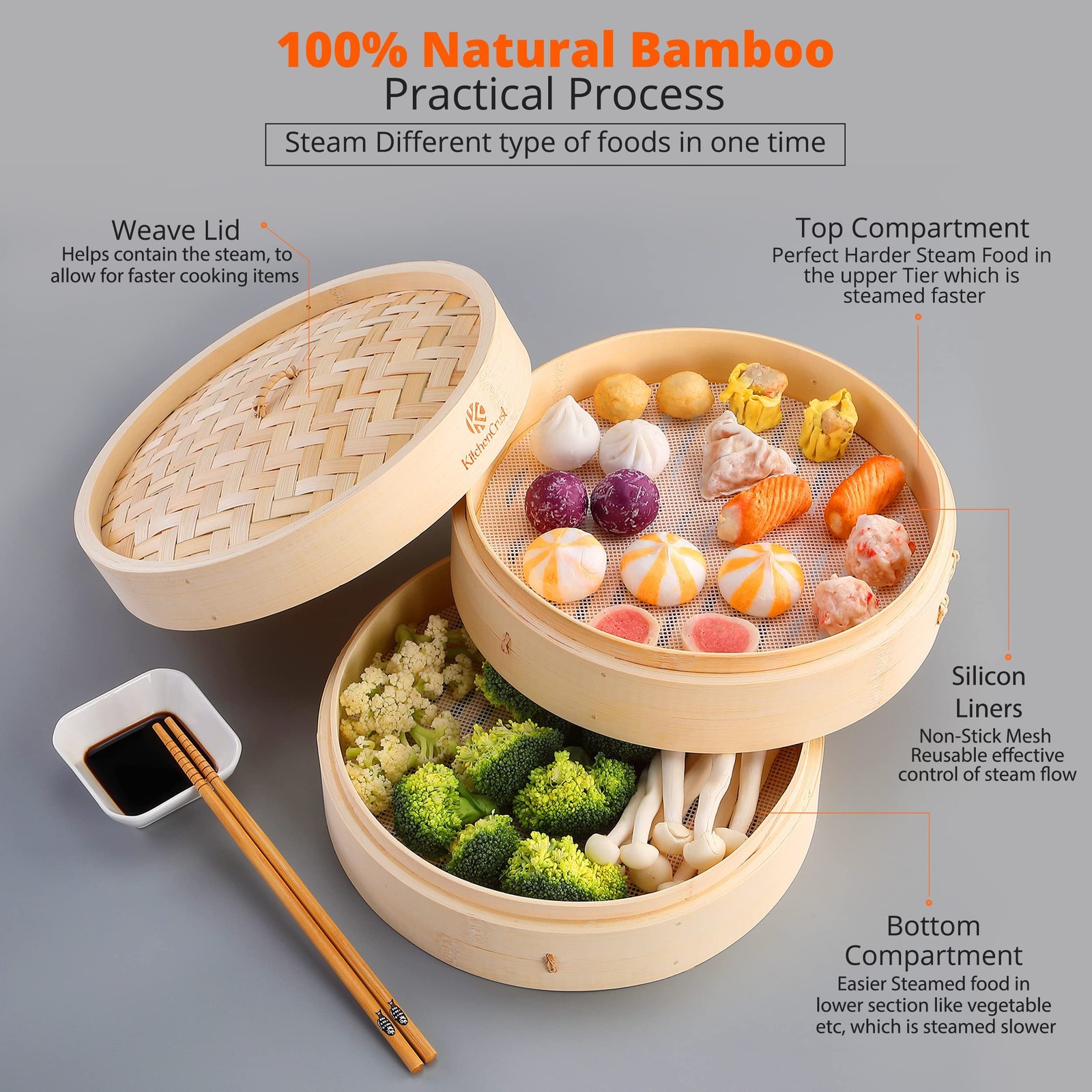 Bamboo Steamer Basket for Chinese Asian Cuisine – 2 Tier 10-Inch Steaming Bas…