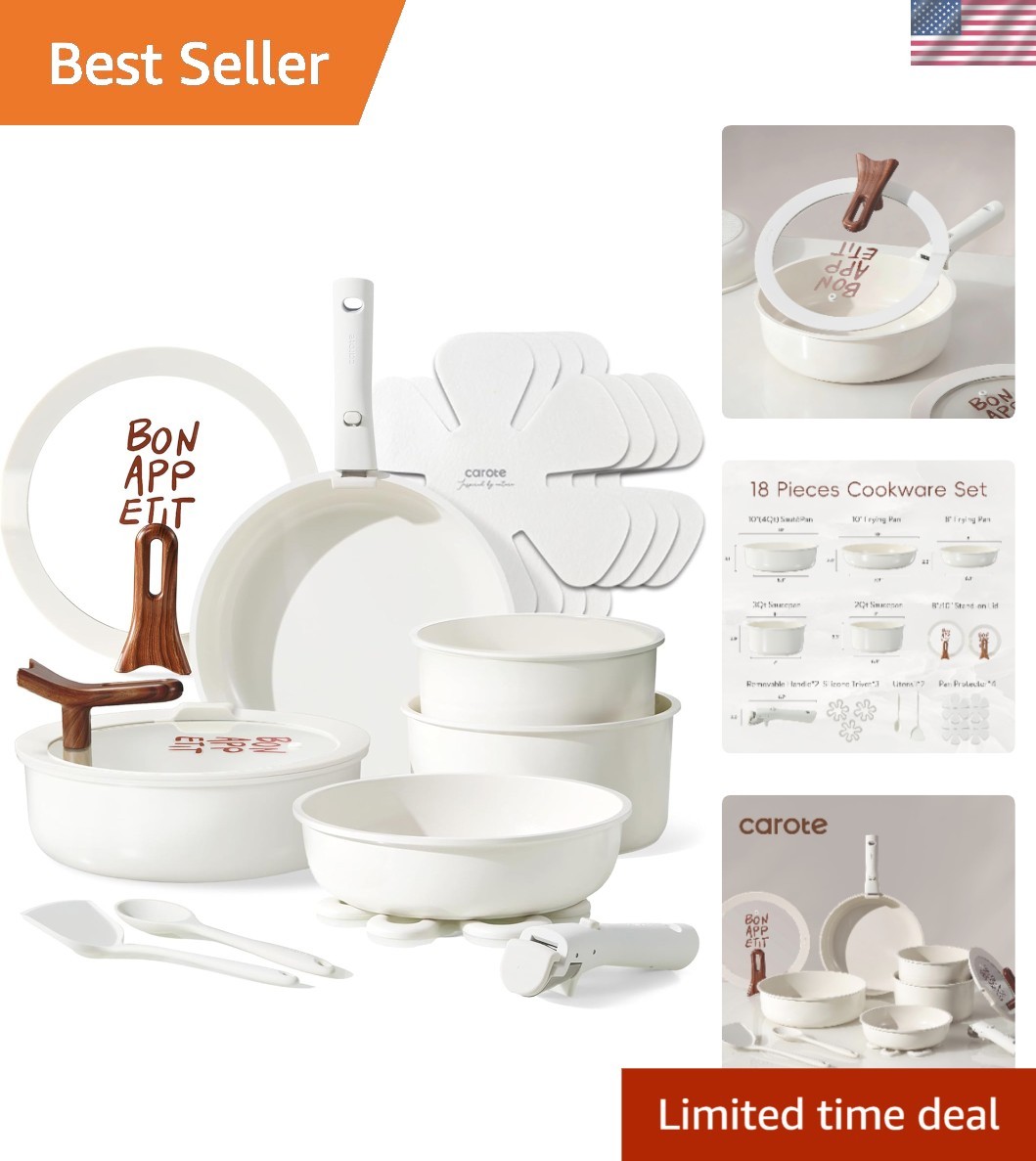 Luxurious 18-Piece Ceramic Cookware Set – Non-Stick, Detachable Handle & Indu…