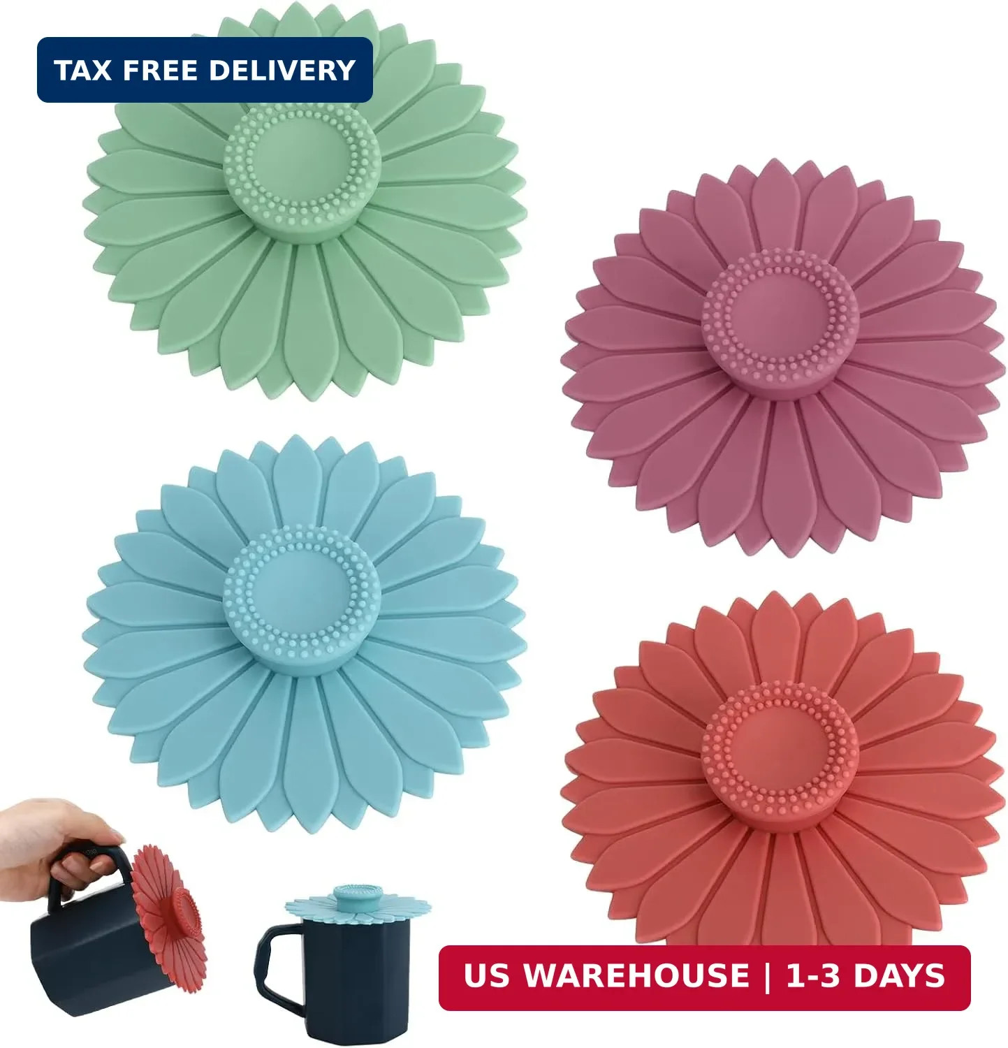4 Pcs Sunflower Silicone Stretch Lids Multicolored for Mugs, Cups, Bowls, Glass