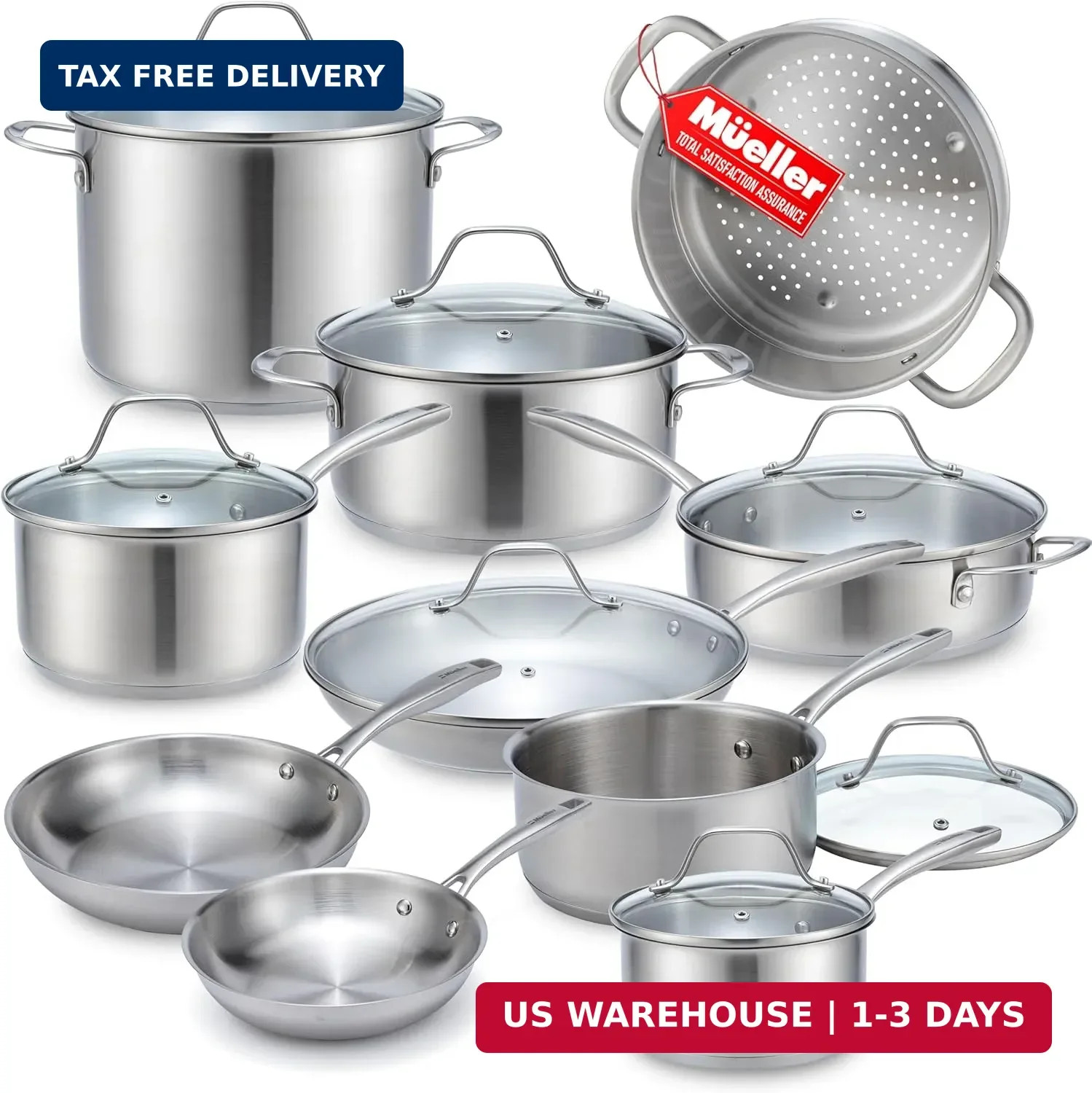 Mueller 17-Piece Stainless Steel Pots and Pans Set – Tri-Ply Ultra-Clad Pro Cook