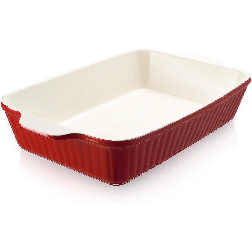 Red 9x13in Deep Ceramic Lasagna Pan 135oz Handles Oven Safe Bakeware