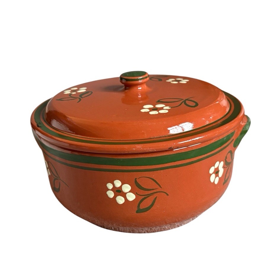 Traditional Portuguese Terracotta Floral Cooking Pot, 8×6”