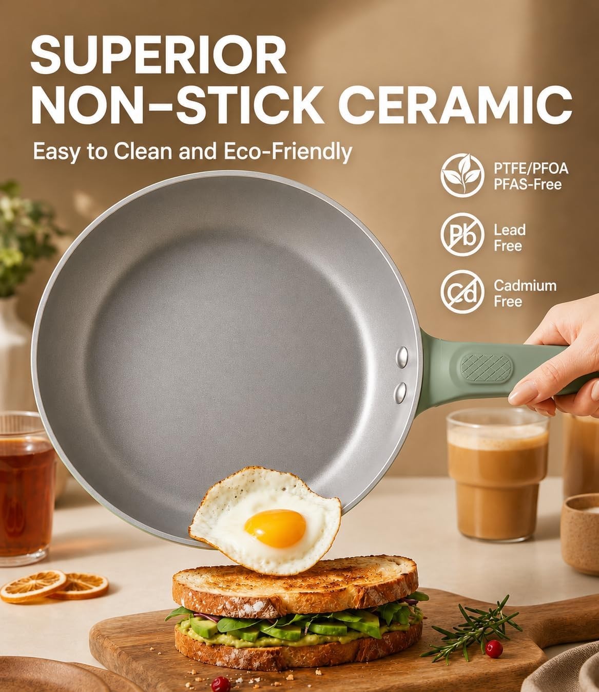 9.5 Inch Ceramic Nonstick Frying Pan Skillet, PFOA-Free Omelet Pan, Induction