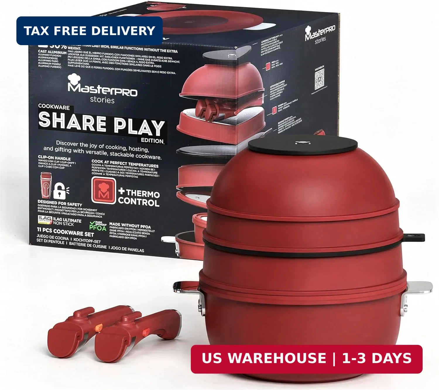 Bergner 11-Piece Non-Stick Cookware Set with Detachable Handles – Stackable Die-
