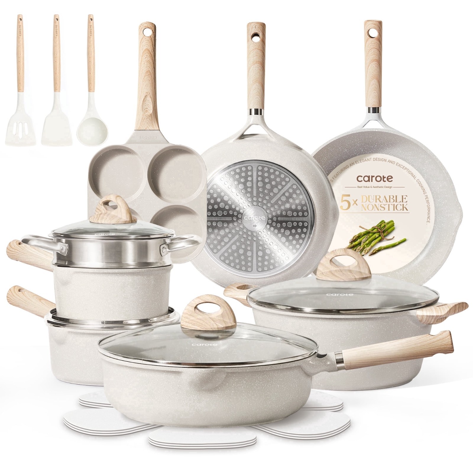 HOT SALES-CAROTE 24 Pcs Granite Nonstick Cookware Set Pots Pans Beige Detachable