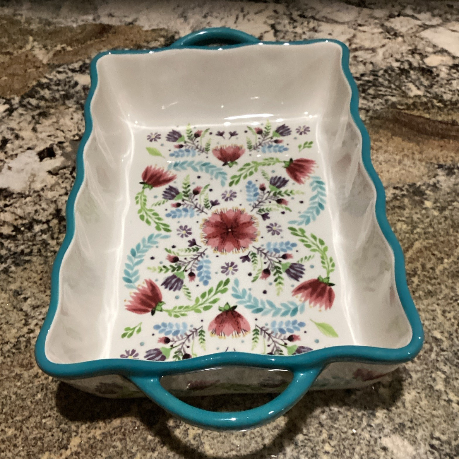 Ceramic Rectangular Casserole Dish w/ Handles, White Blue Rim Floral Interior
