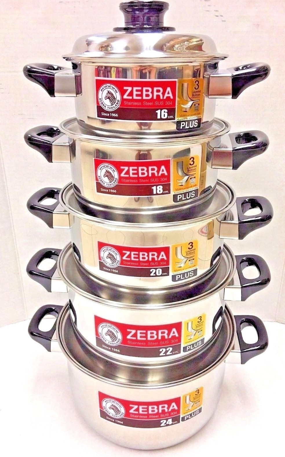10Pcs/Set Zebra Stainless Steel Pot with Lid 3 Layered Bottom 16- 24 CM. N181005