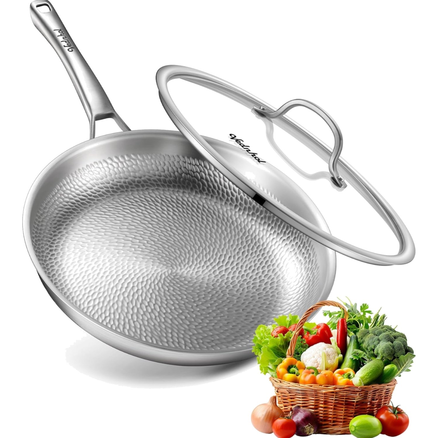 VEDNHOL 12 Inch Pure Titanium Hammered Frying Pan With Lid