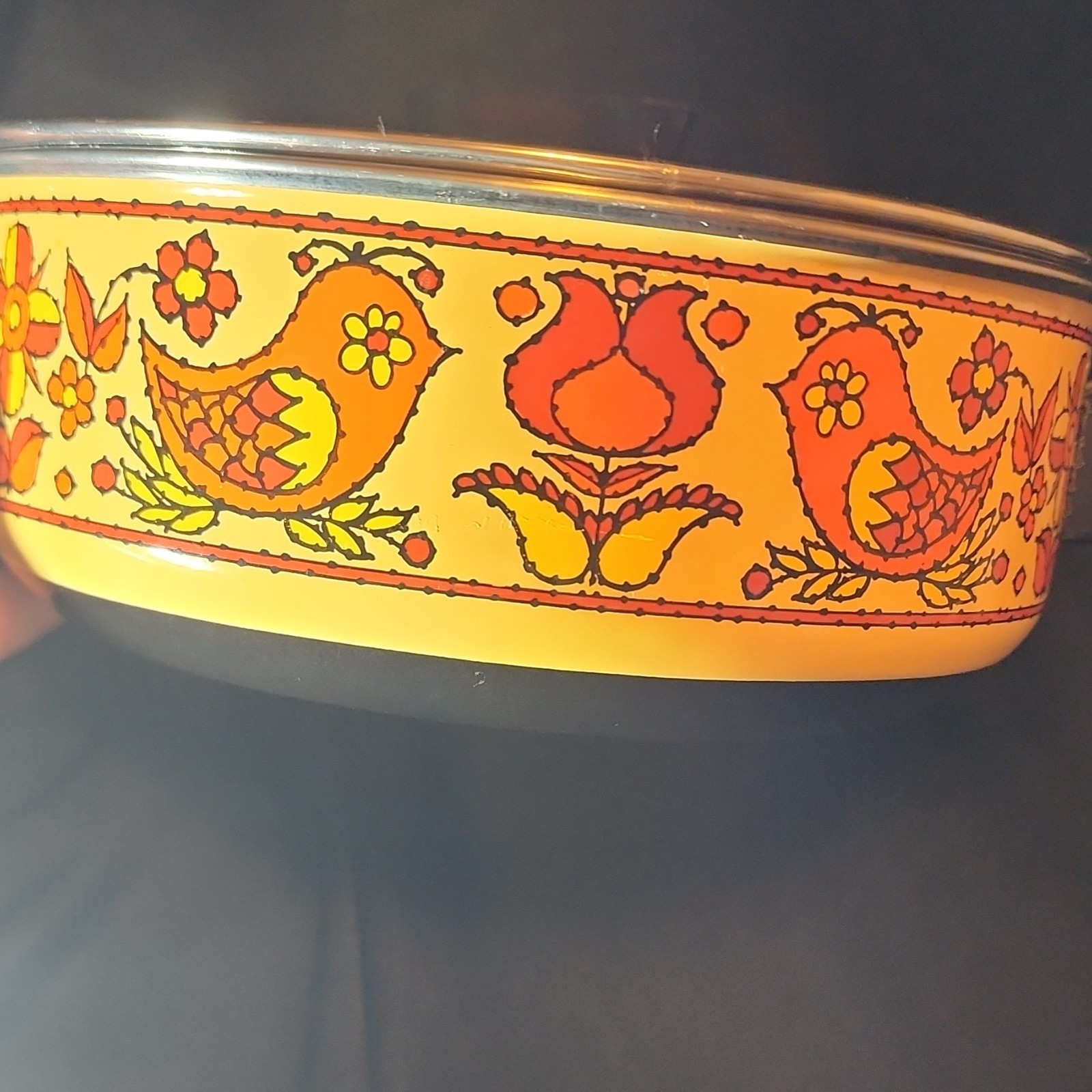 Round Enamel Casserole Dish w/ Lid, Double Handles, Orange Floral Bird, 2 qt