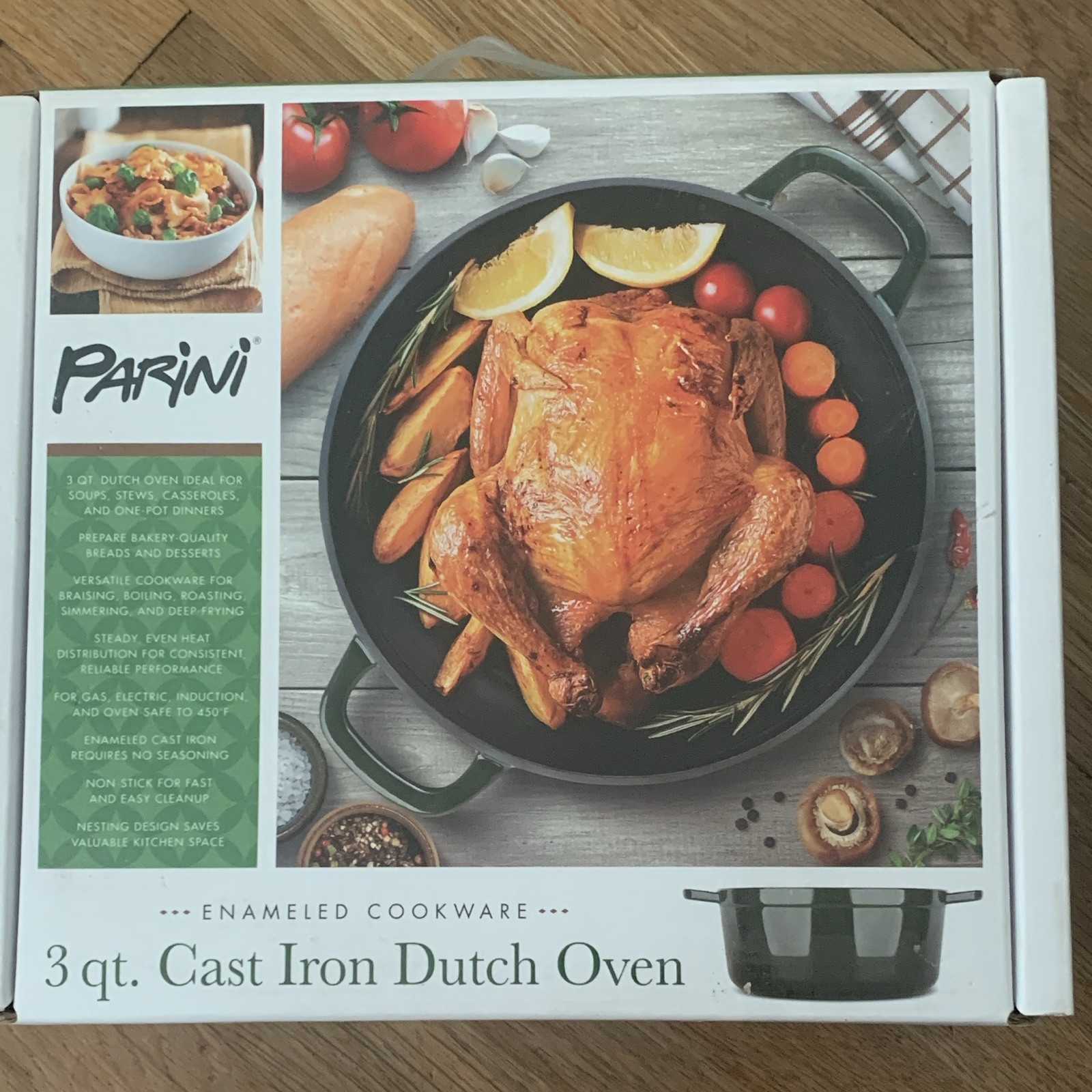 PARINI 3 qt Enameled Cast Iron Round Dutch Oven w/ Lid Oven-Safe Green