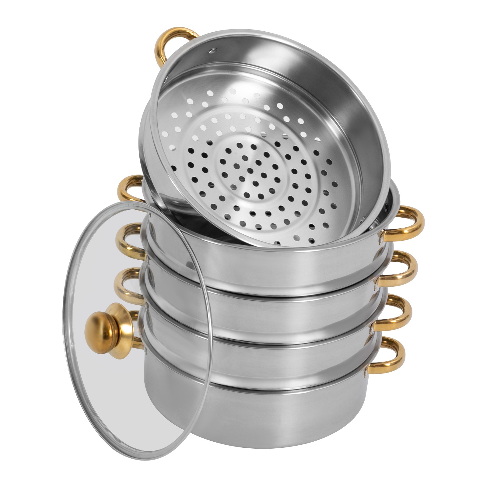 7.4QT Stainless Steel Steam Pot w/ 5 Tier Steamer Basket & Glass Lid for Cooking