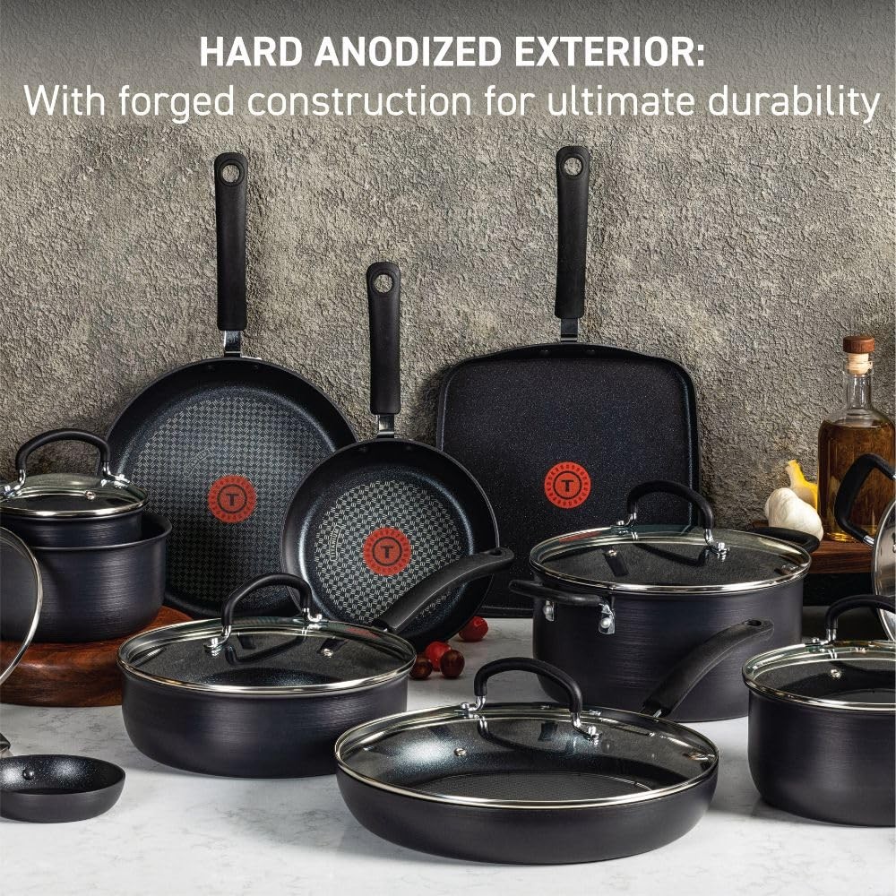 T-fal Ultimate Hard Anodized Nonstick Cookware Set 17 Piece, Pots , Safe Black
