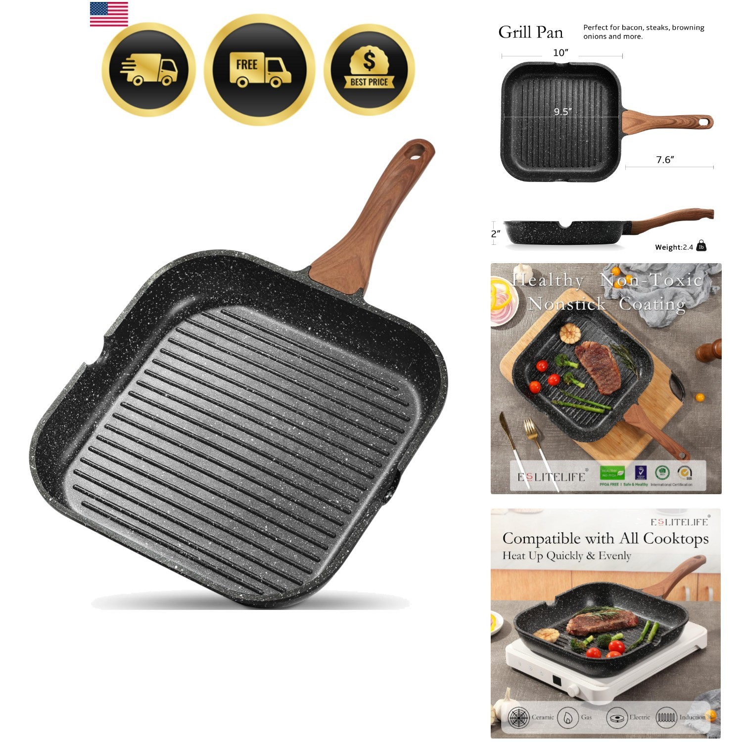 Nonstick Grill Pan for Stove Tops, Versatile Griddle with Pour Spouts, 9.5 In…