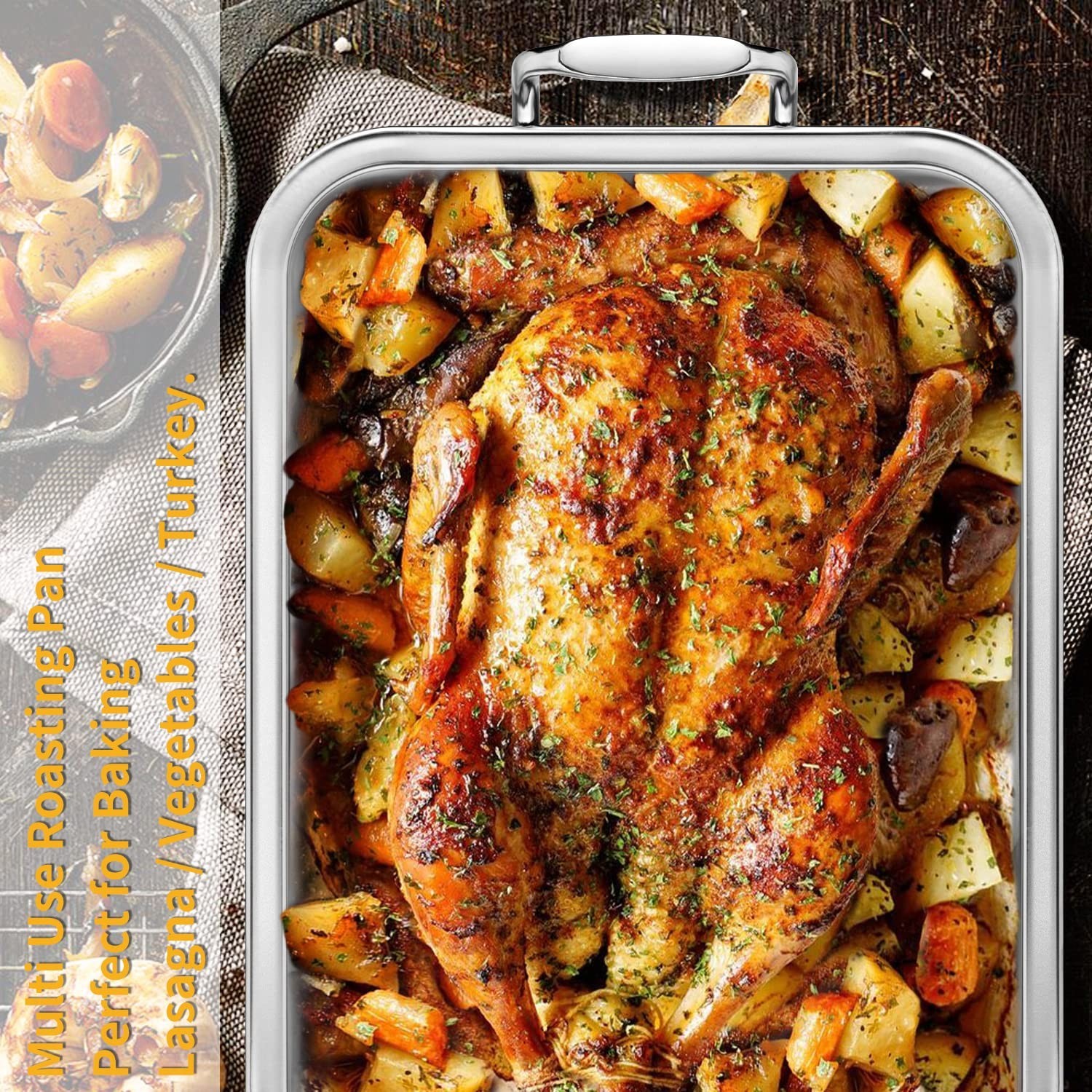 15″ Stainless Steel Roasting Pan with Cooling Rack – V-Shaped Turkey & Chicken R