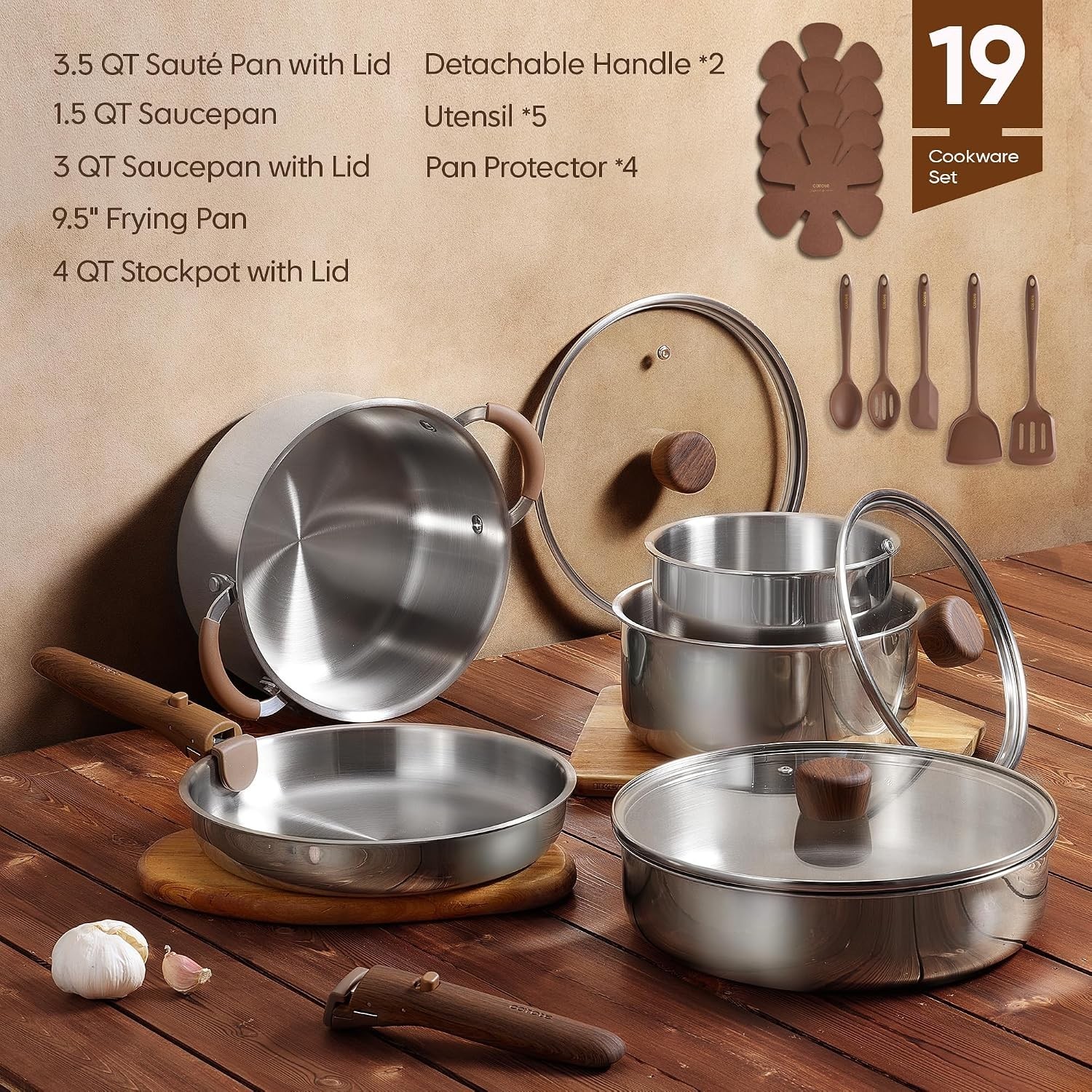 19pcs Stainless Steel Cookware Set with Detachable Handle, Pots and Pans Set,…