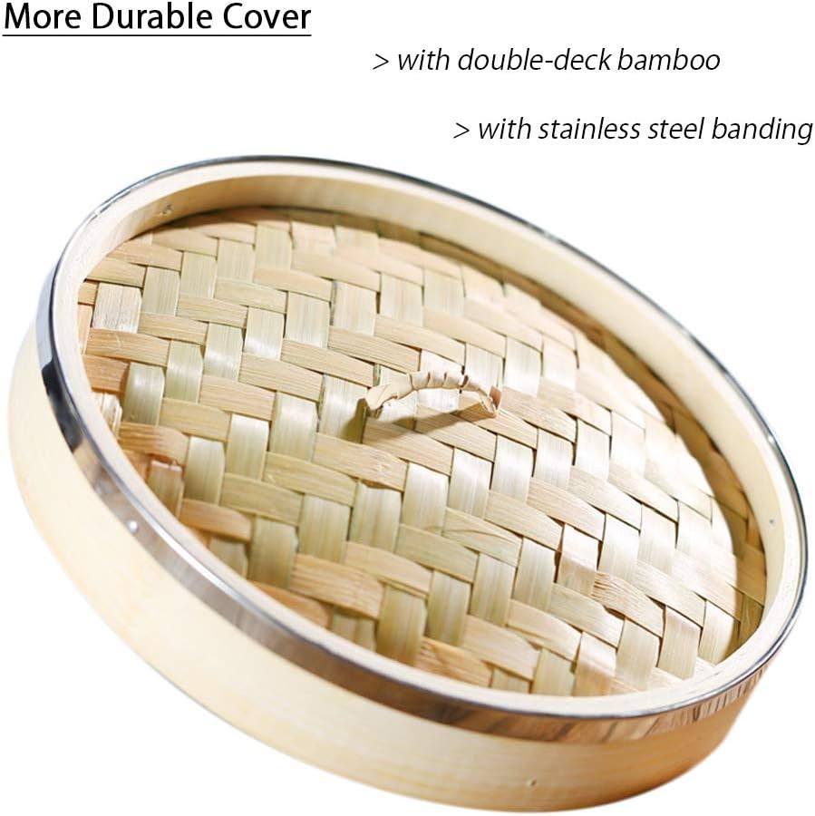 3-Tier Kitchen Bamboo Steamer with Stainless Steel Rings for Asian Cooking |