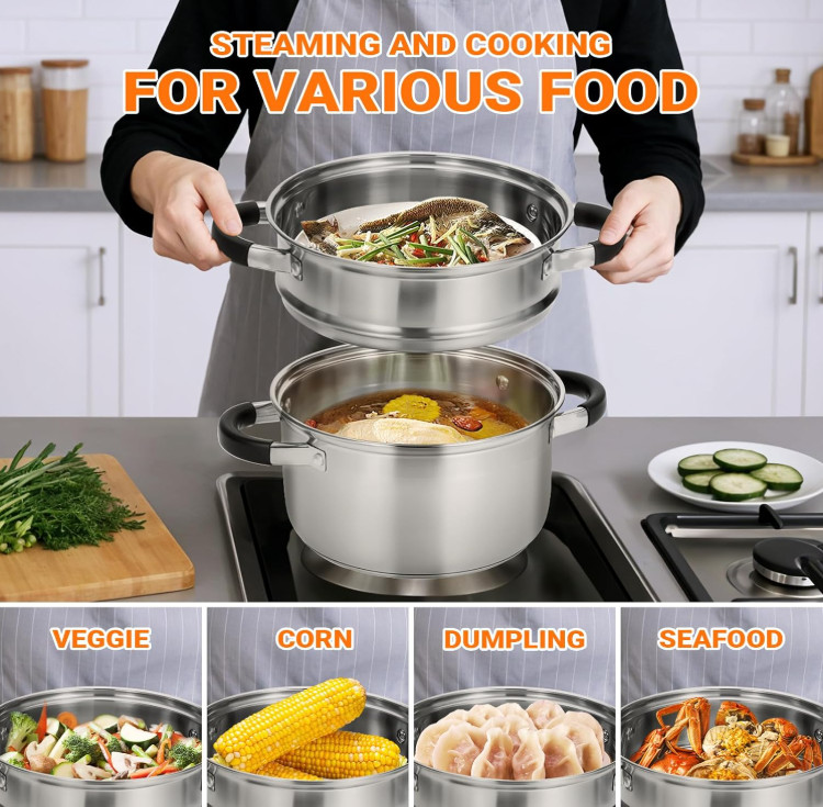 Olla Vaporera 3,2 QT Acero Inoxidable Fondo Triple para Cocinar al Vapor y Hervi