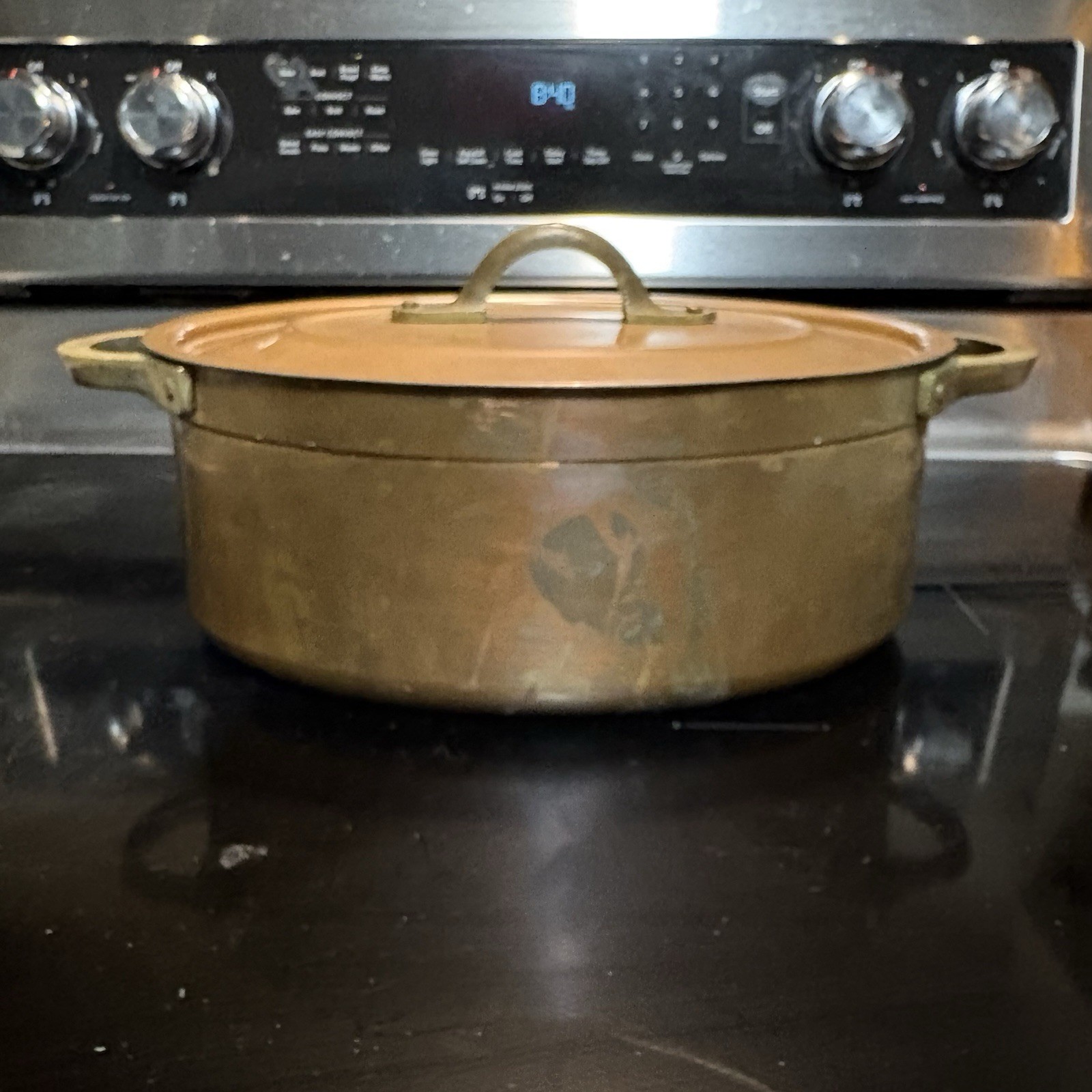 RARE 8lb Metaux Ouvres-Vesoul Copper Dutch Oven w Lid Heavy Cast Brass Handles
