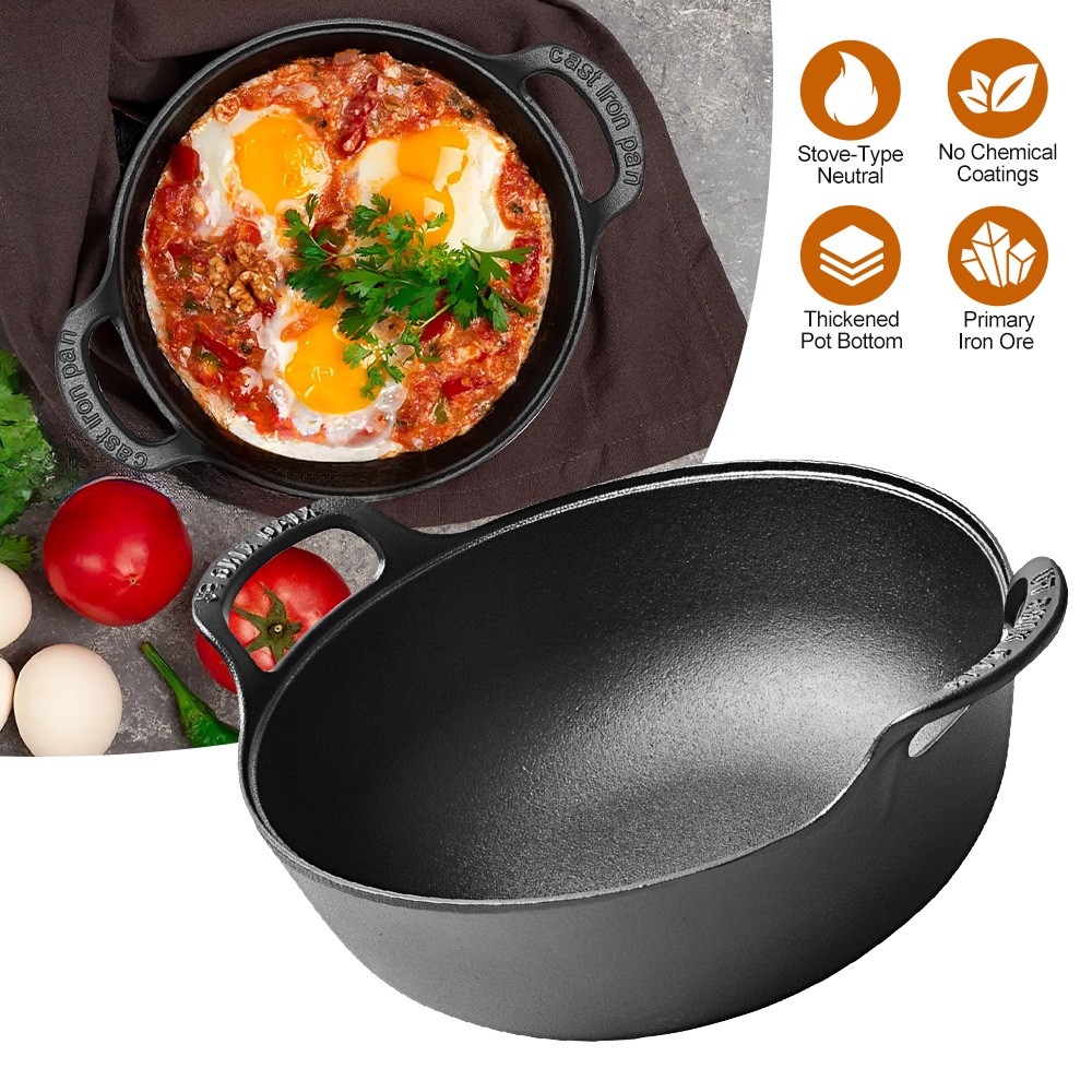 Cast Iron Wok with Handles Grilling Pan 20cm Non-stick Cooking Pot for Camping