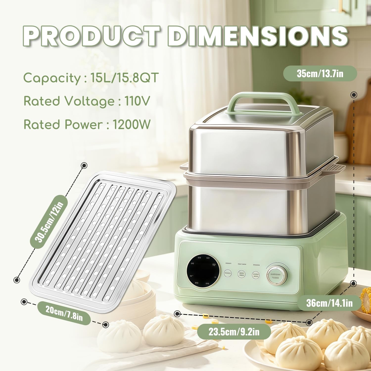 15.8QT Electric Food Steamer, 3 Tier Food Steamer for Cooking, 1200W Stainles…