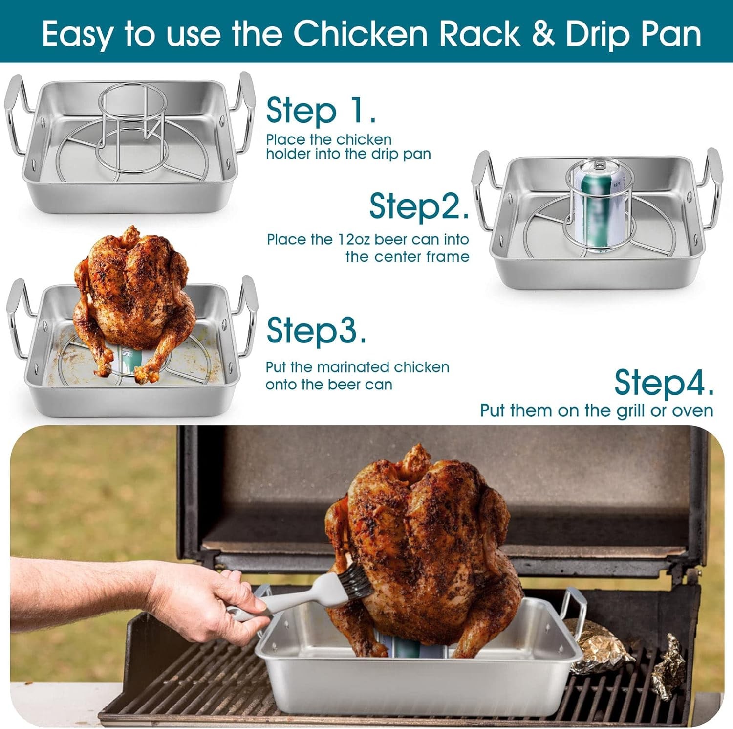 TeamFar Roasting Pan with Beer Can Chicken Holder, Stainless Steel Silver